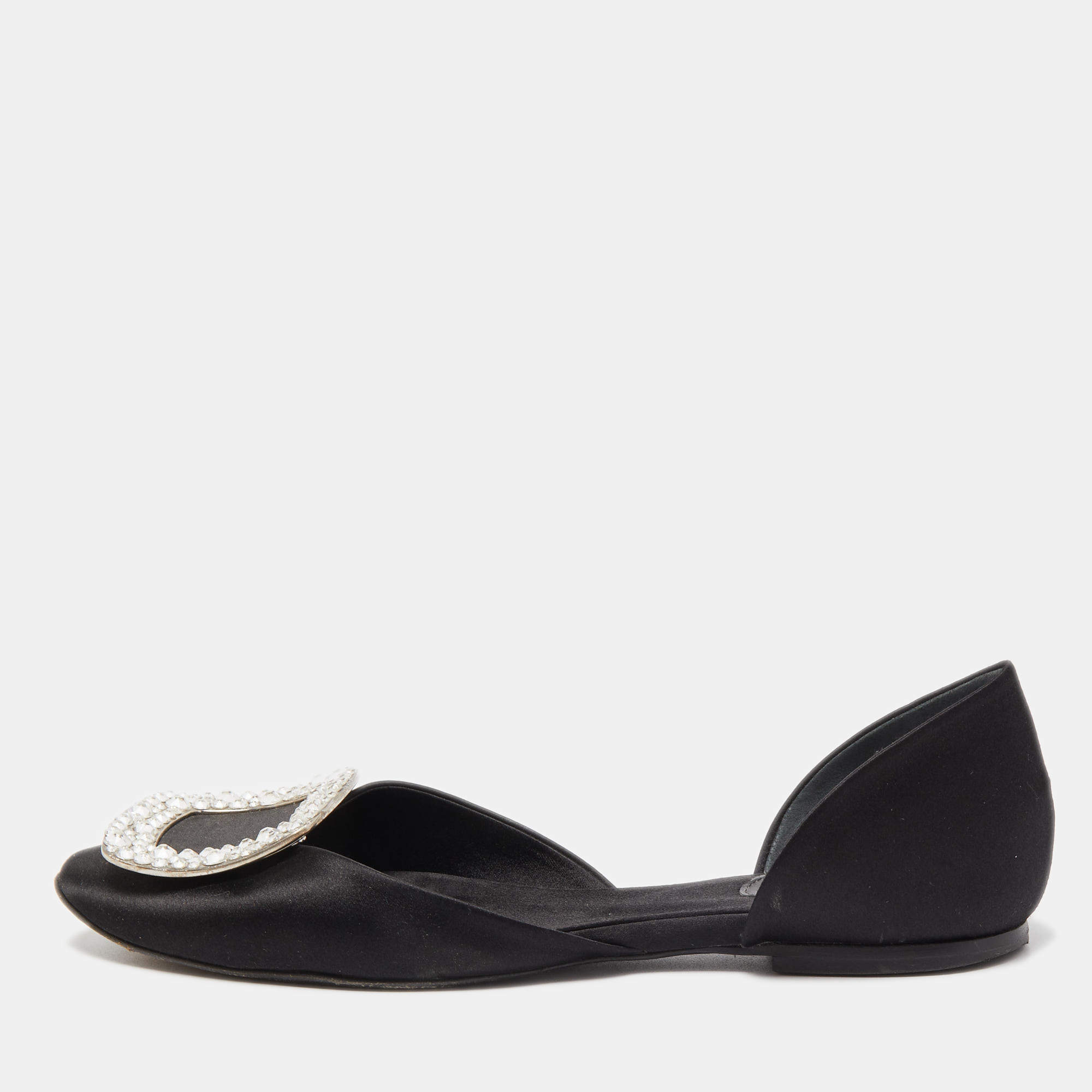 Pre Owned Roger Vivier Black Satin Chip Strass D'orsay Flats Size 34