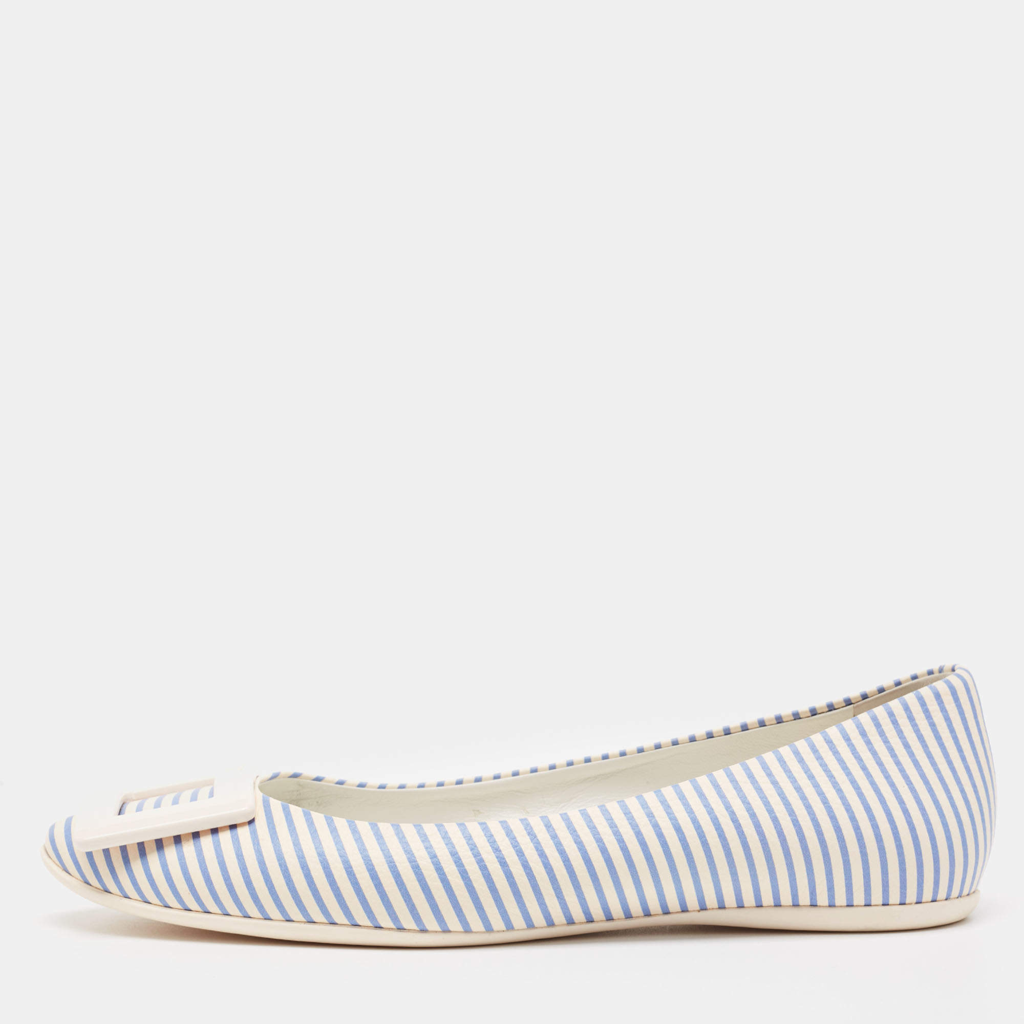 Roger Vivier White/Blue Striped Leather Gommette Ballet Flats Size 37