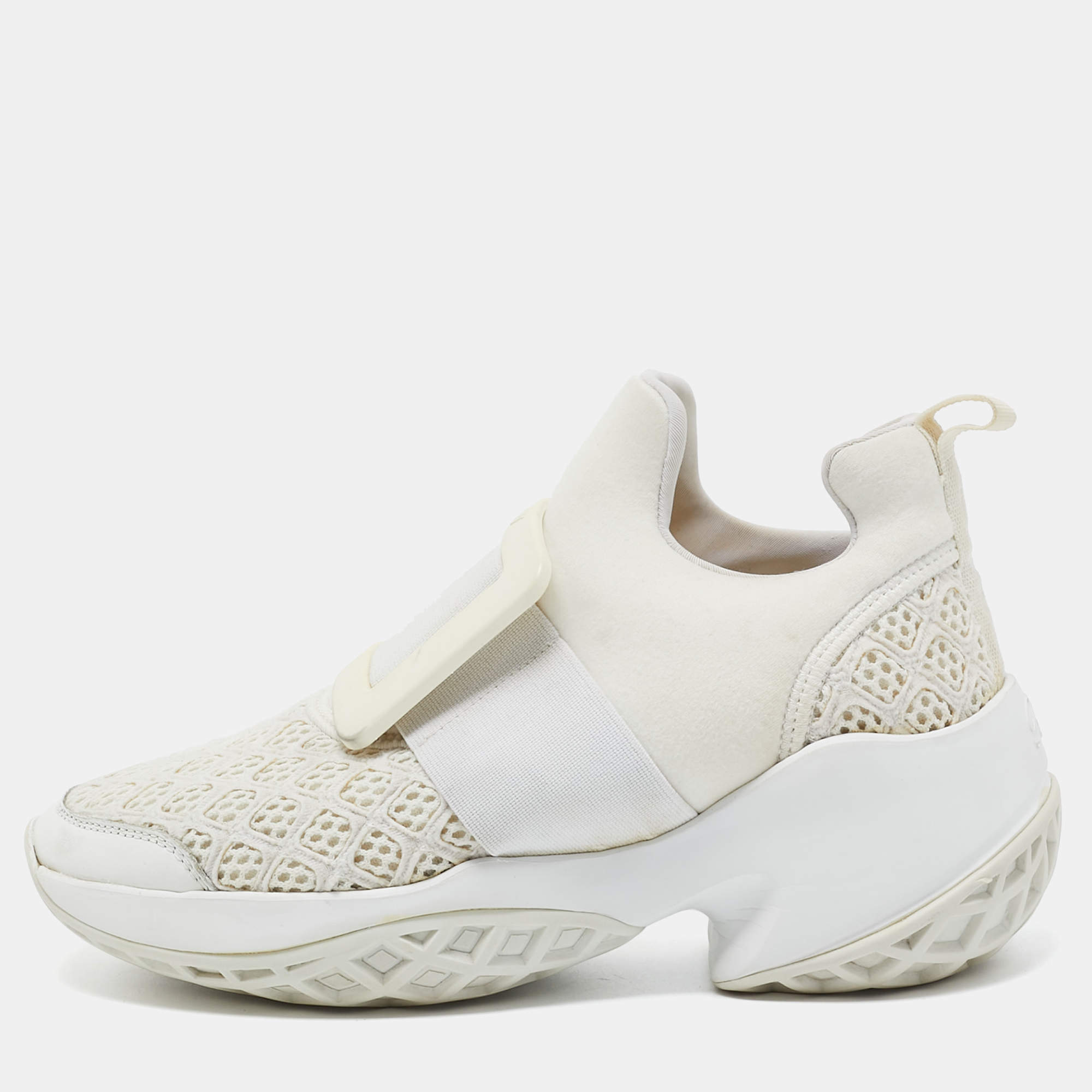 Roger Vivier White Neoprene and Lace Viv Run Sneakers Size 35.5