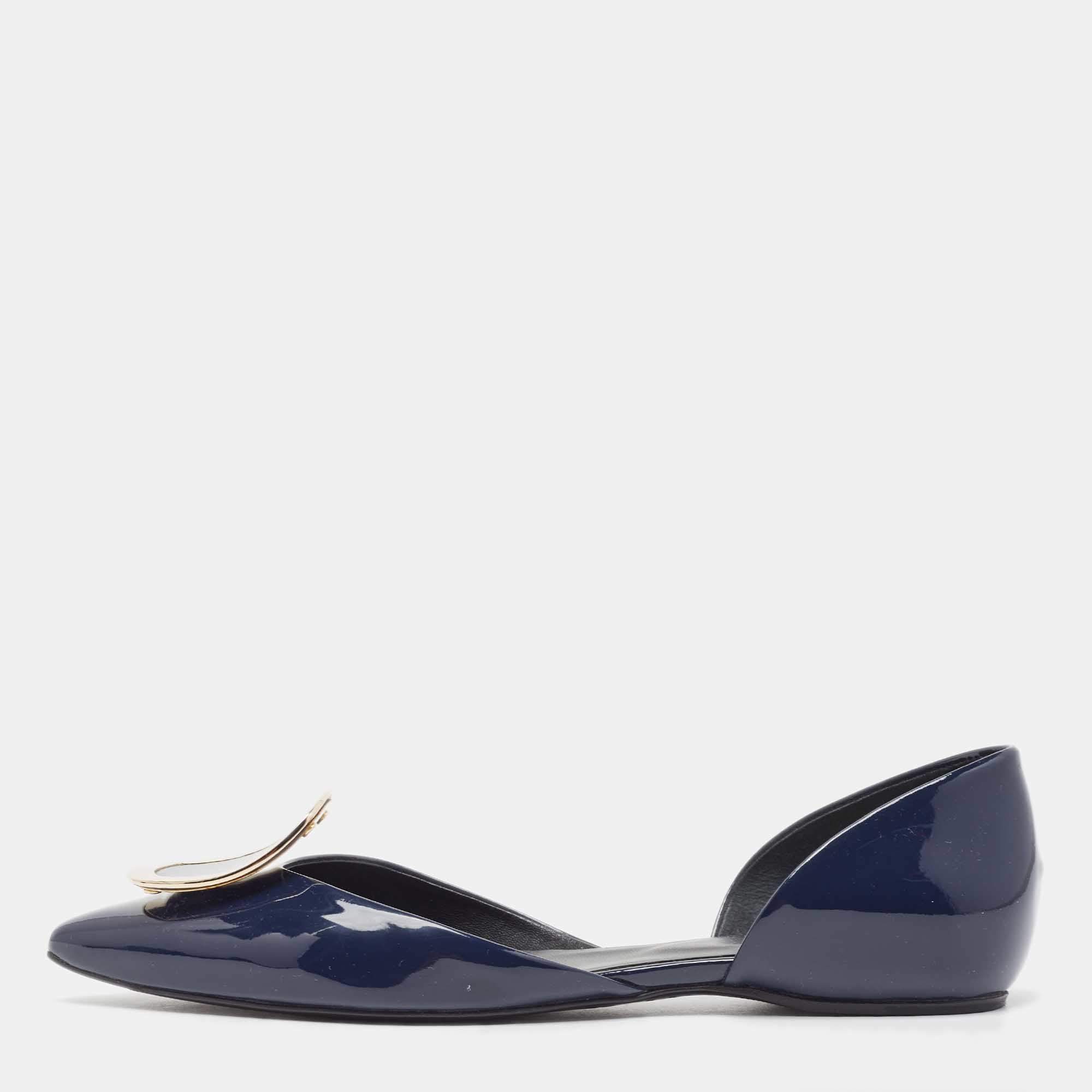 Pre Owned Roger Vivier Navy Blue Patent Leather Chip D'orsay Flats Size 35.5