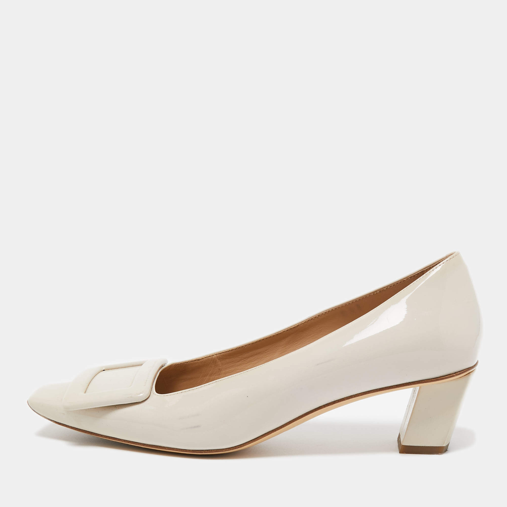 Pre Owned Roger Vivier Cream Patent Trompette Pumps Size 35.5