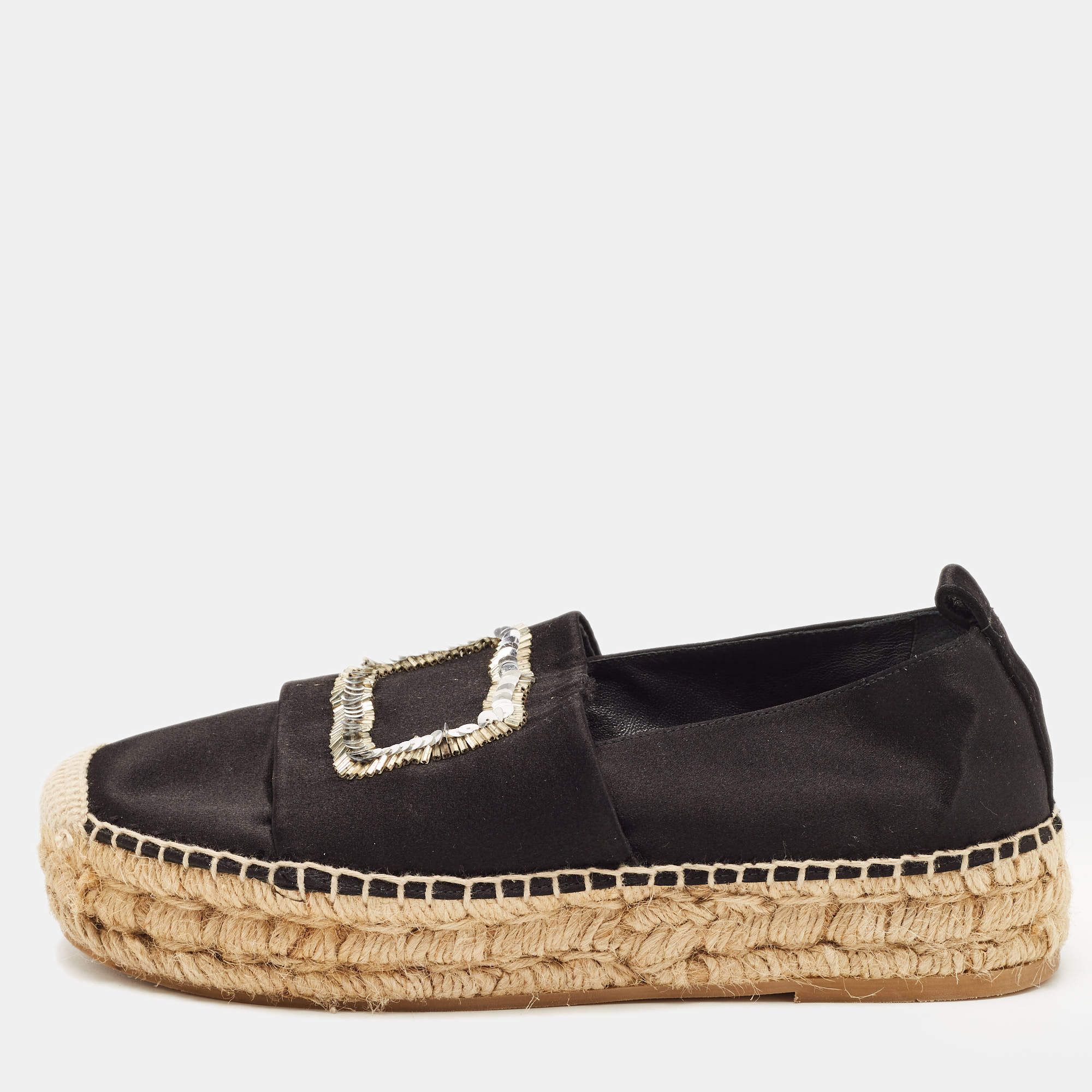 Pre Owned Roger Vivier Black Satin Embellished Espadrille Flats Size 36
