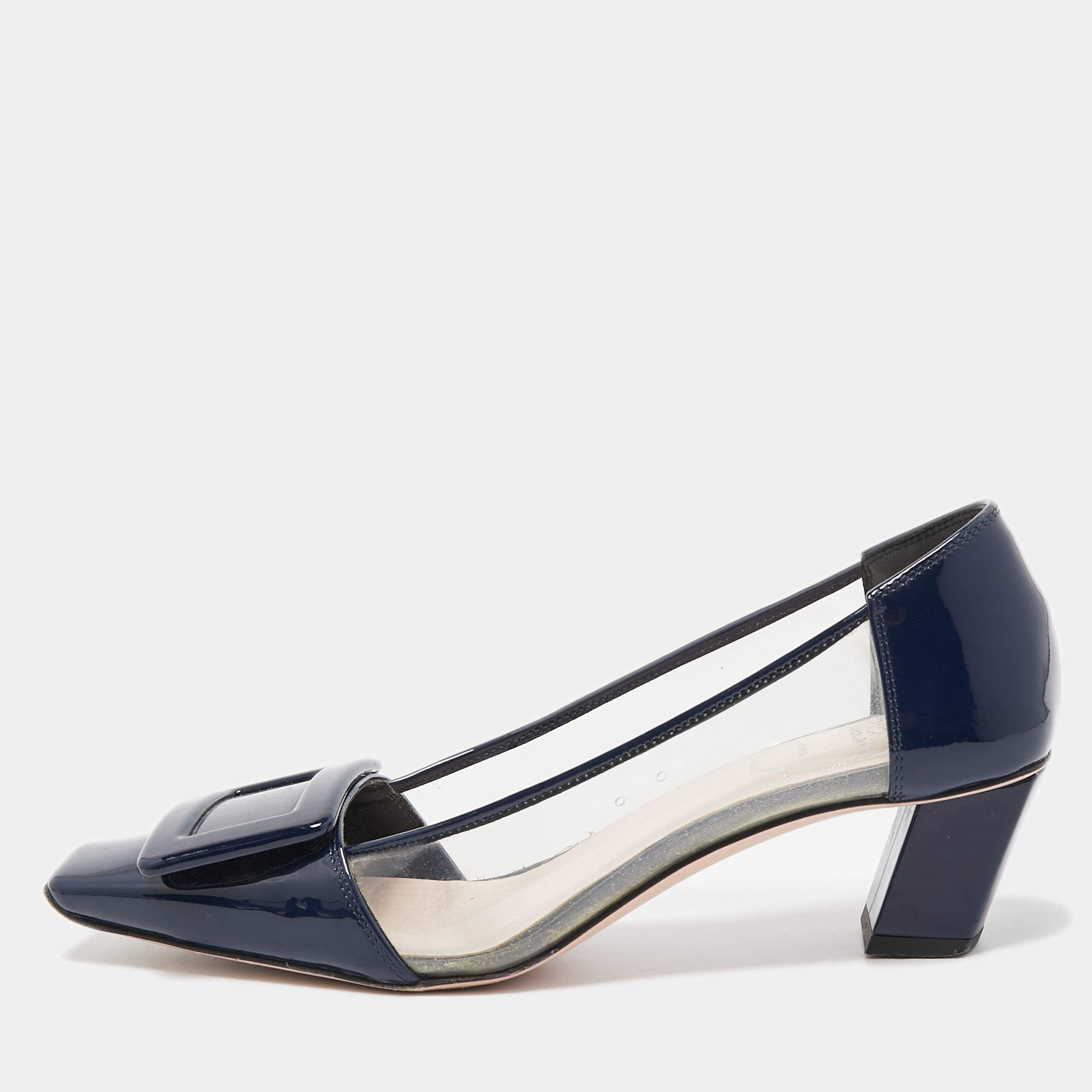 Pre Owned Roger Vivier Navy Blue Patent Leather and PVC Belle Vivier Pumps Size 34.5