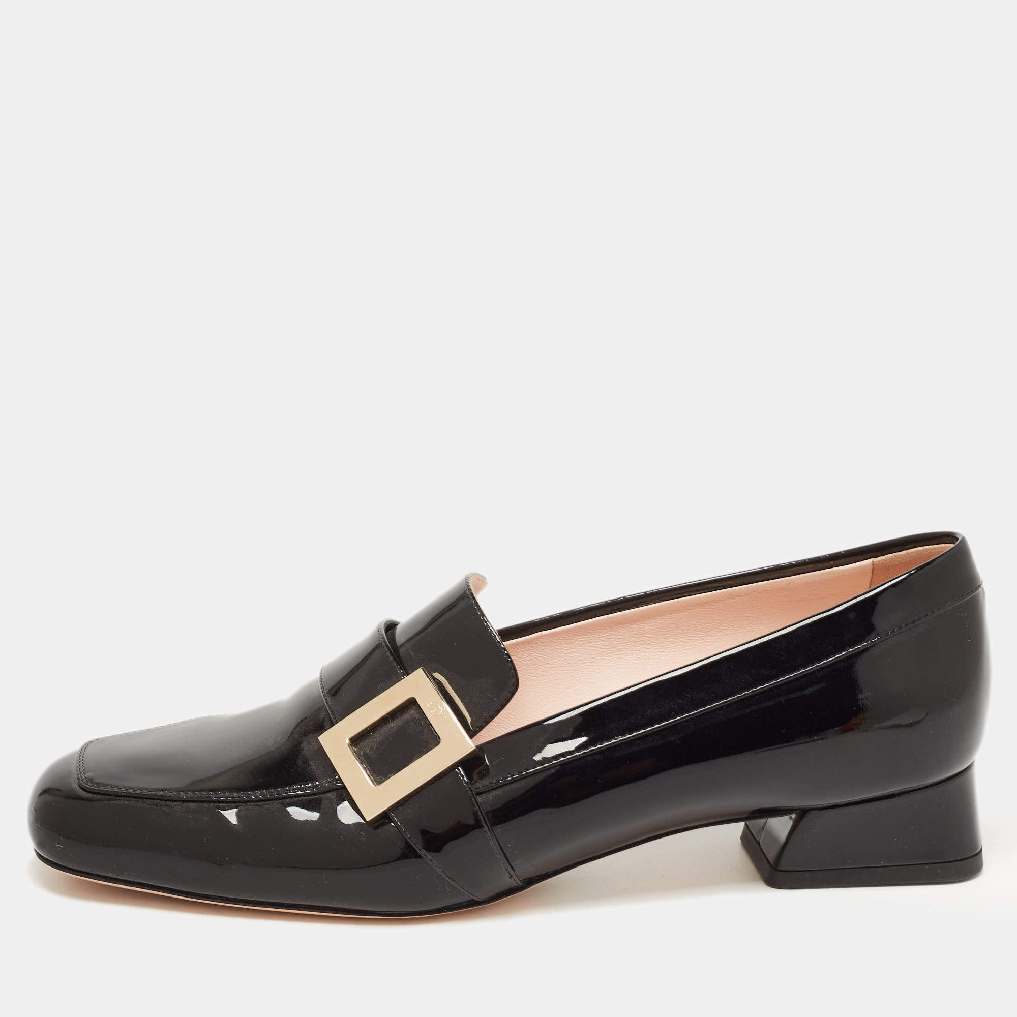 Pre Owned Roger Vivier Black Patent Leather Buckle Detail Square Cap Toe Pumps Size 40