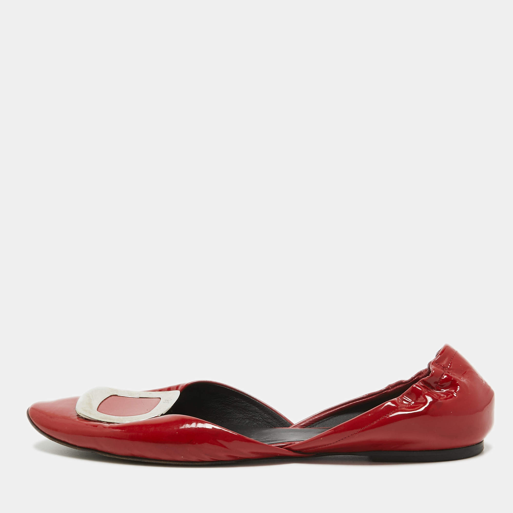 Roger Vivier Red Patent Leather D'Orsay Pointed Toe Ballet Flats Size 40.5