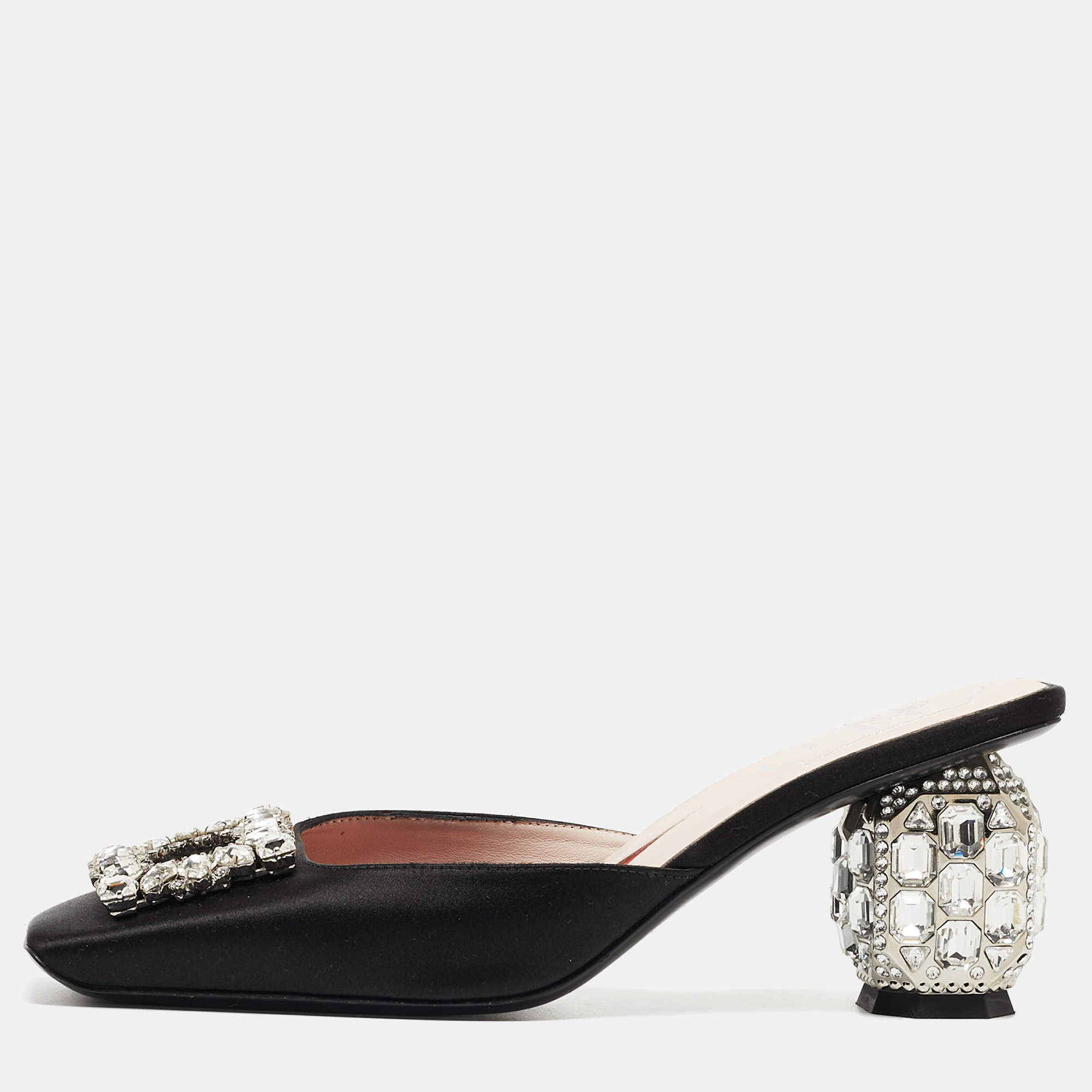 Pre Owned Roger Vivier Black Satin Crystal Embellished Mules Size 37.5