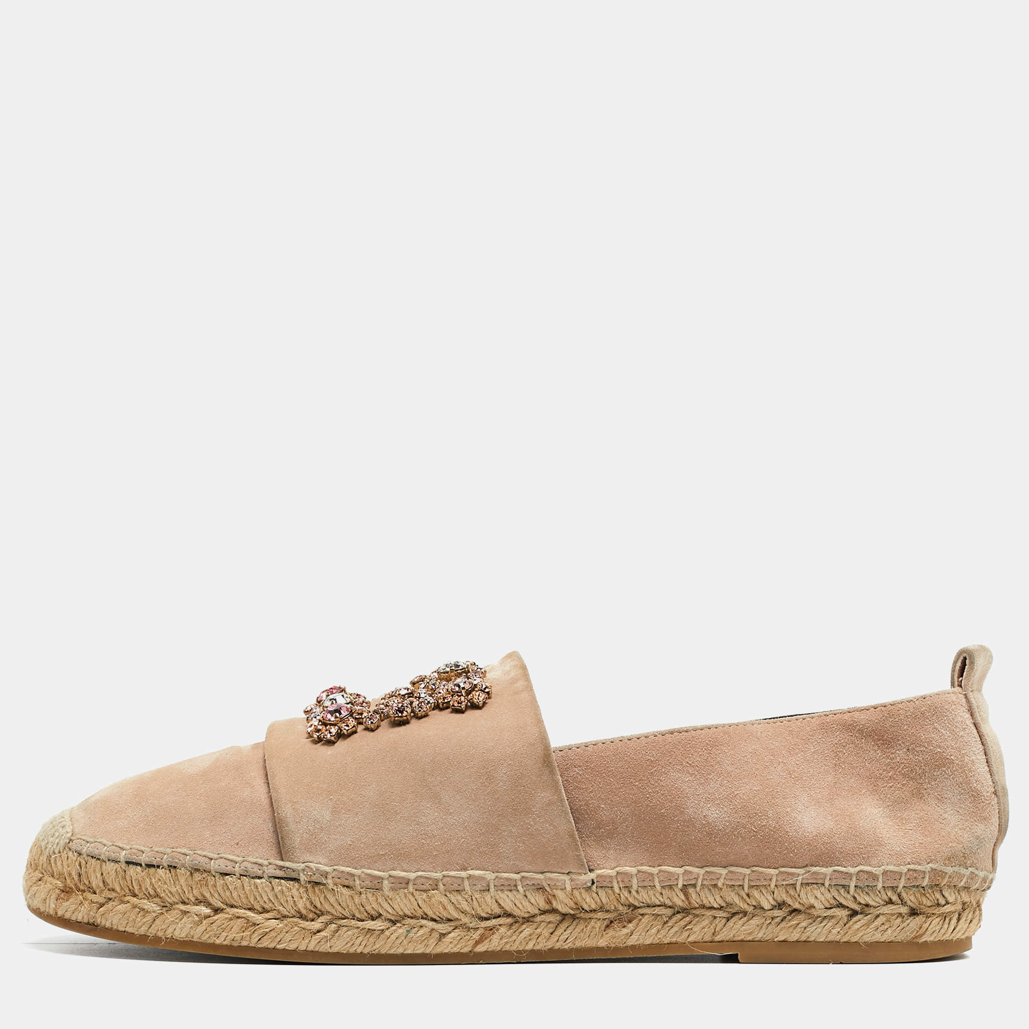 Pre Owned Roger Vivier Light Pink Suede Crystal Embellished Espadrille Flats Size 41