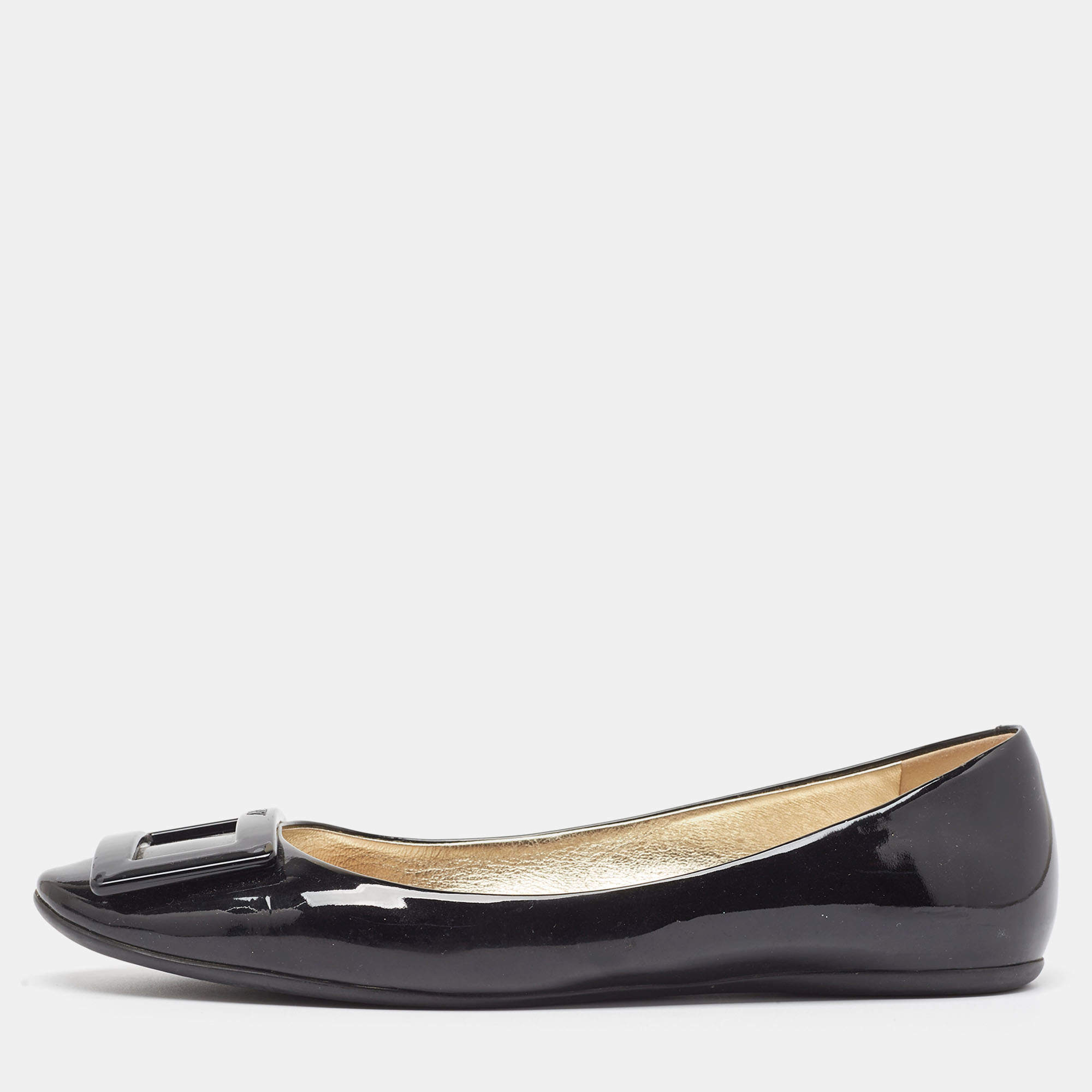 Pre Owned Roger Vivier Black Patent Leather Gommette Ballet Flats Size 39.5