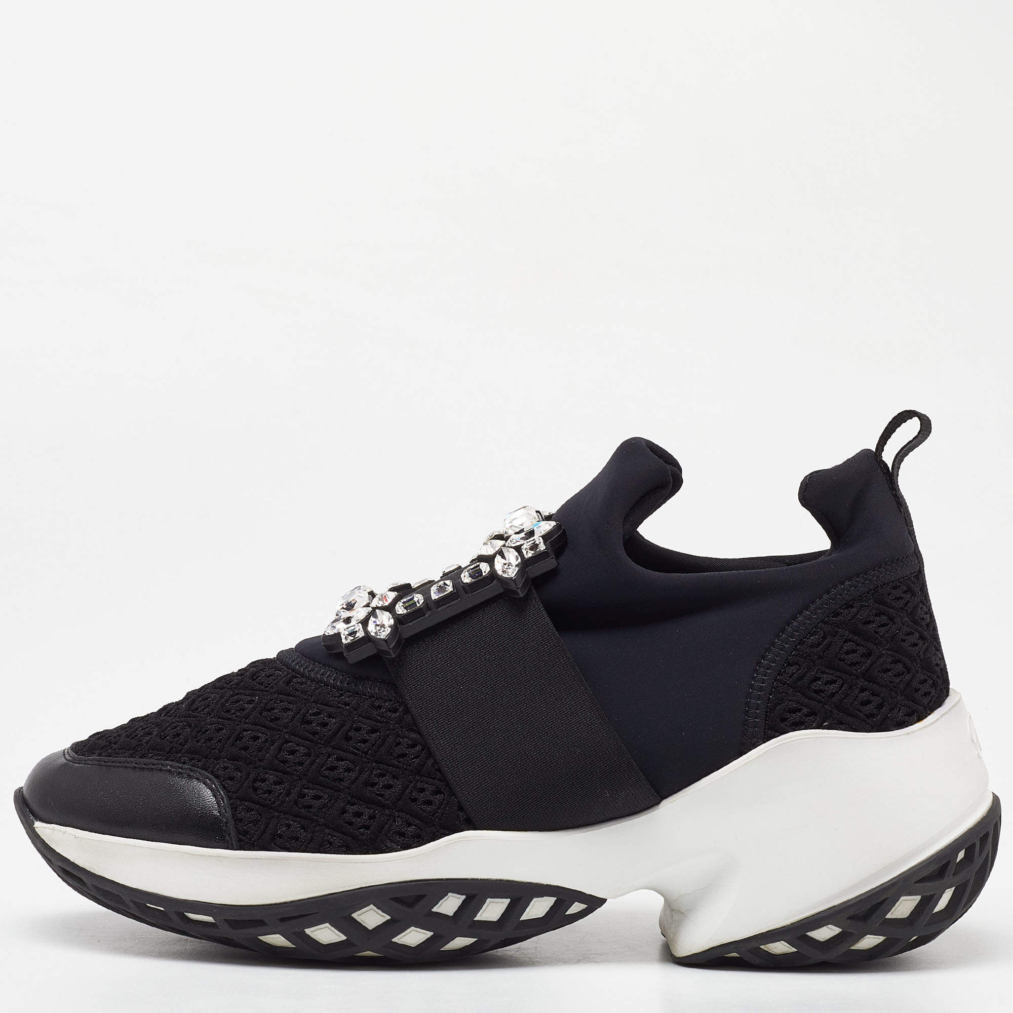 Roger Vivier Black Mesh Fabric and Leather Crystal Embellished Slip On Sneakers Size 38