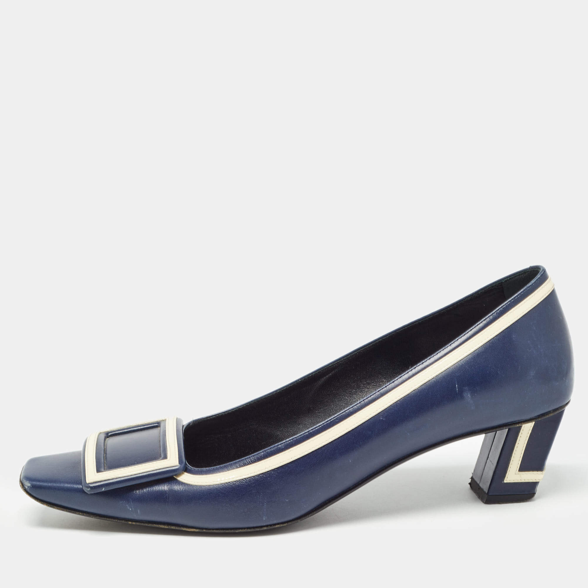 Pre Owned Roger Vivier Navy Blue Leather Trompette Pumps Size 37.5