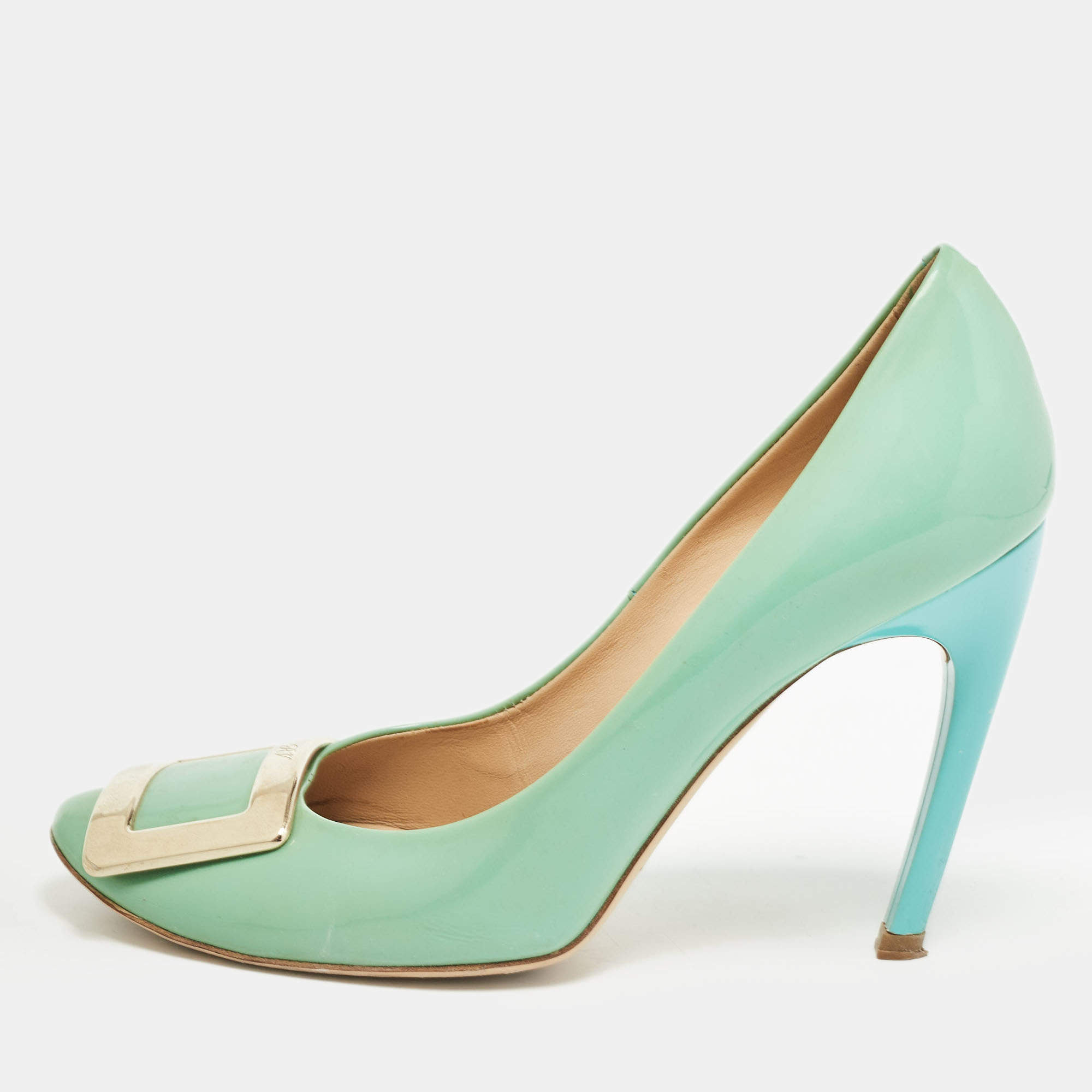 Pre Owned Roger Vivier Green Patent Leather Trompette Pumps Size 37.5