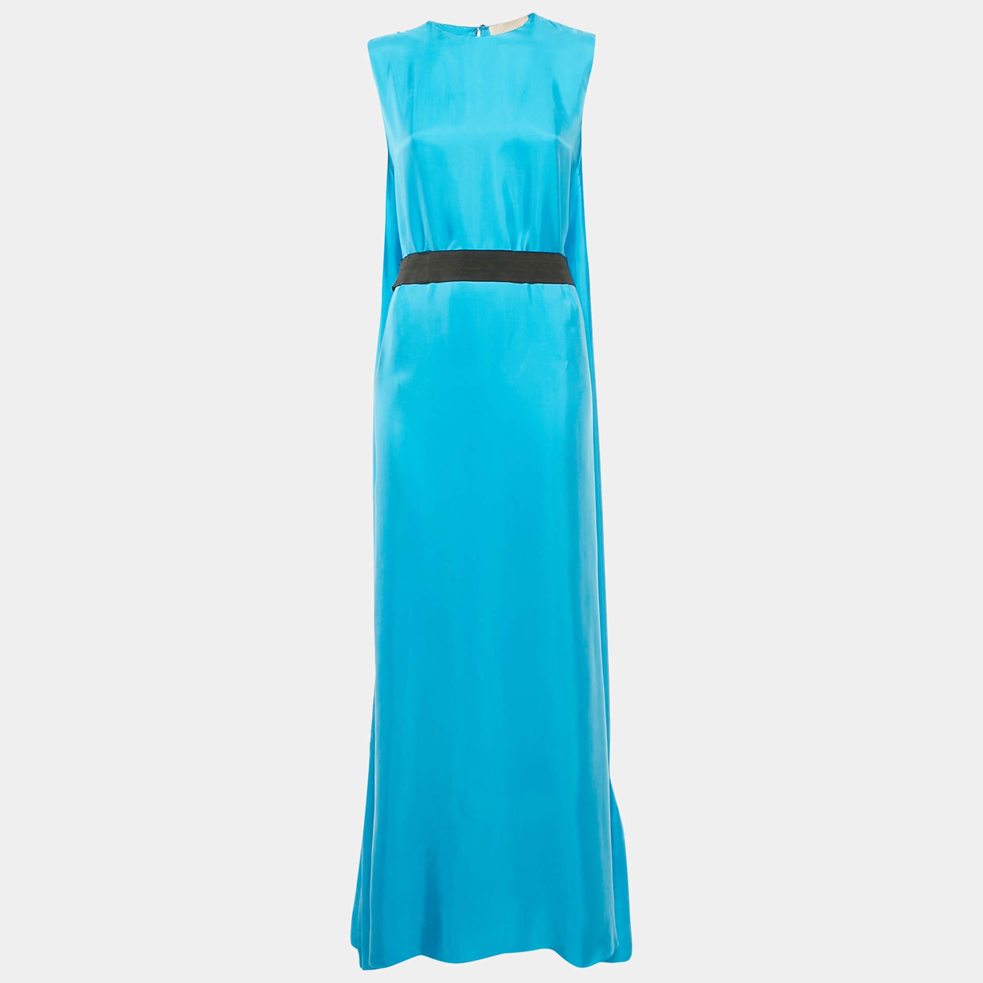 Pre Owned Roksanda Ilincic Sky Blue Sateen Sleeveless Belted Ruffle Hem Maxi Dress L