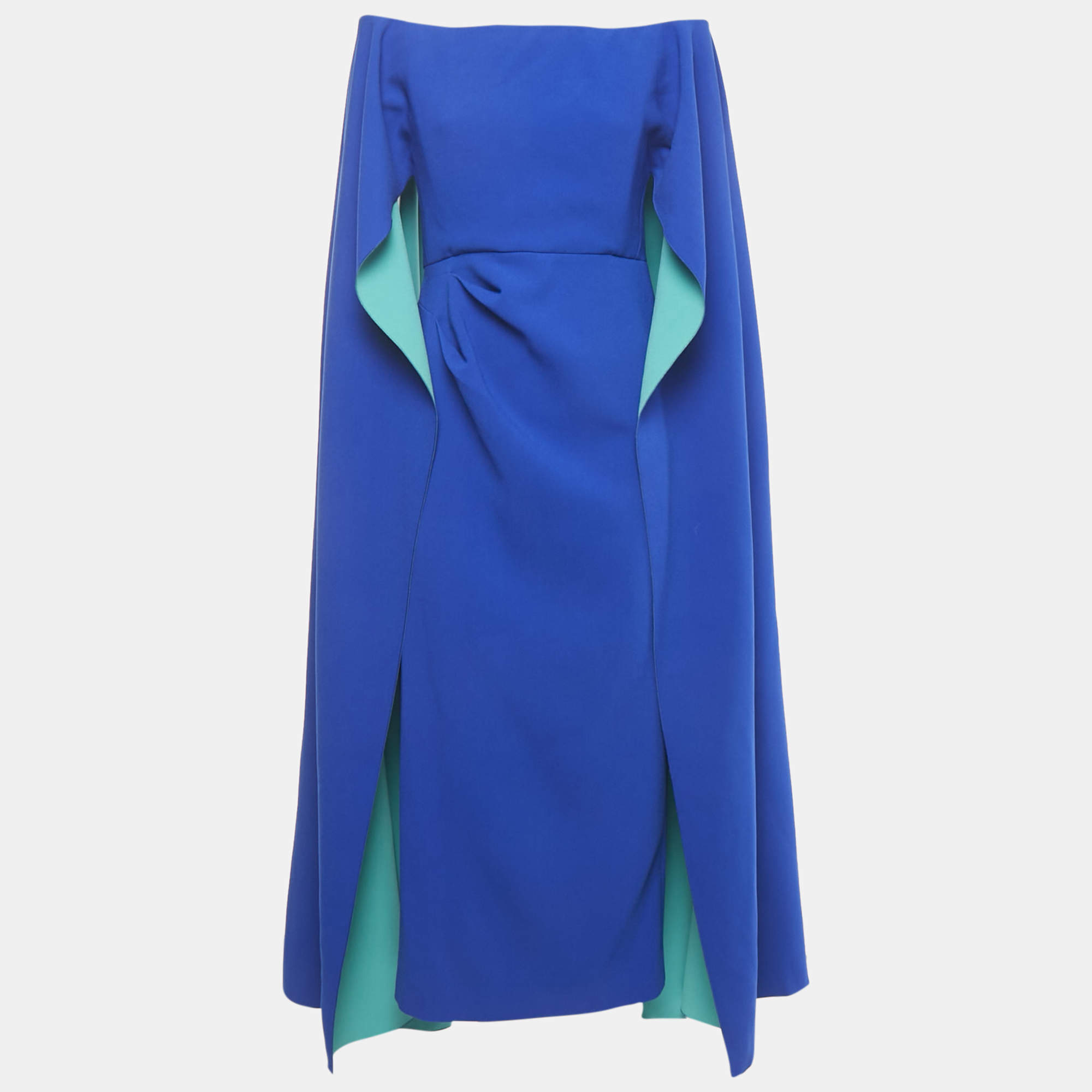 Pre Owned Roksanda Blue Two-Toned Crepe Cape Sleeve Midi Dress M 