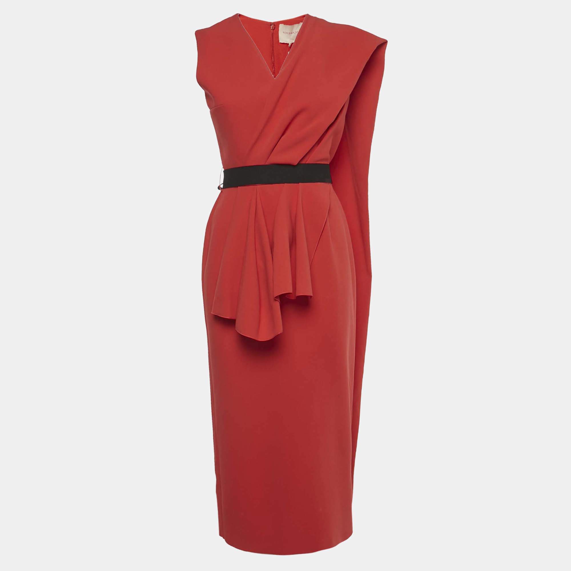 Pre Owned Roksanda Red Crepe Drape Detail Belted Galle Midi Dress S