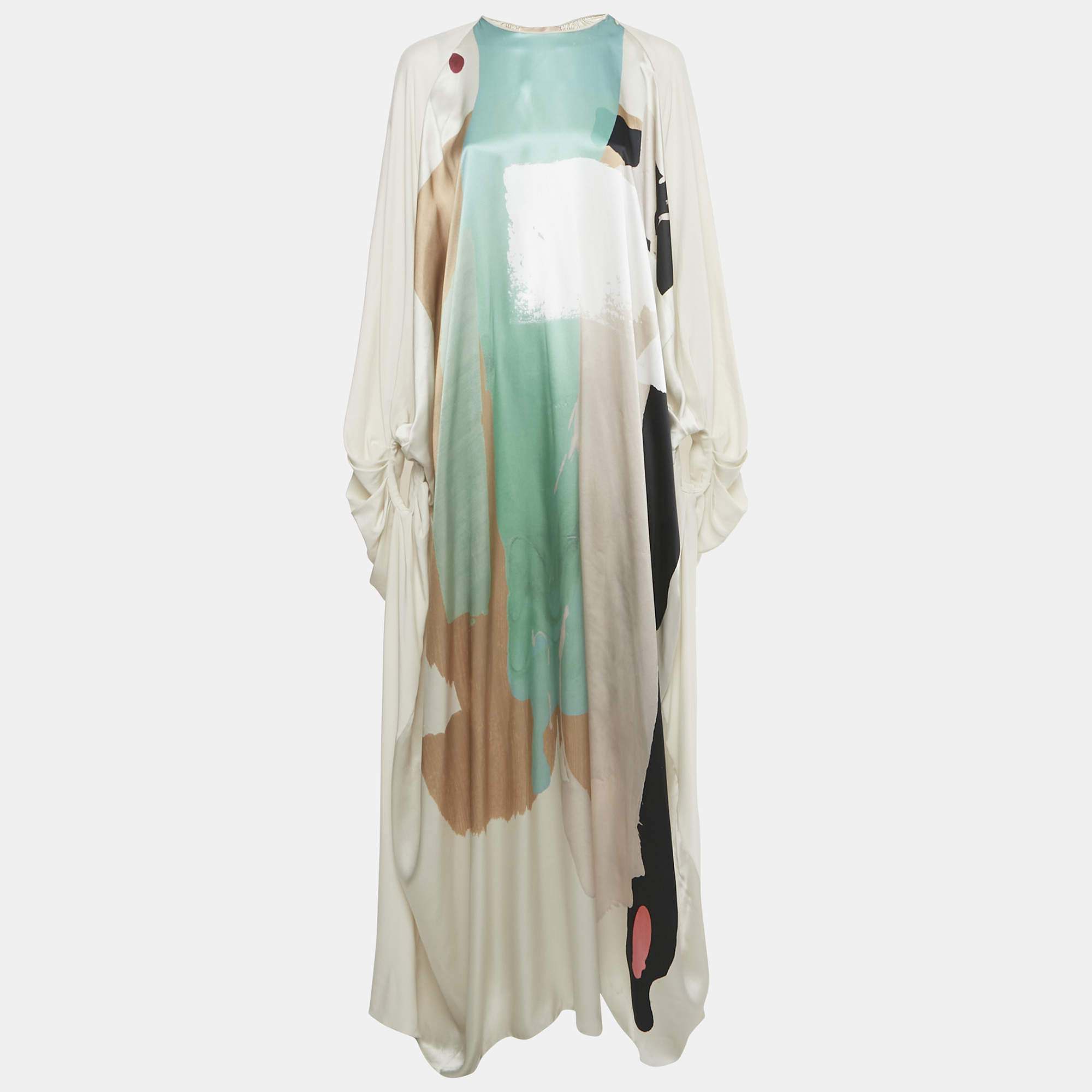Pre Owned Roksanda Ivory Printed Silk Gathered Sleeve Lilee Maxi Dress M