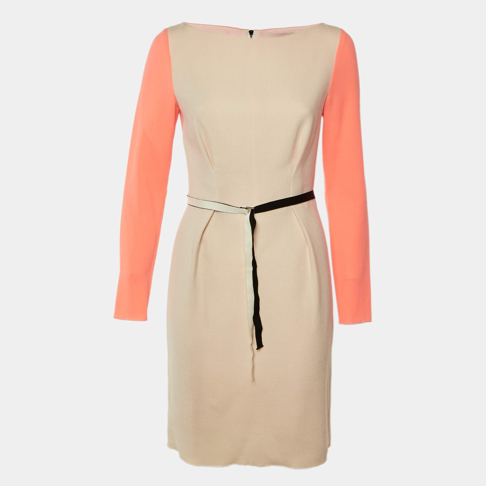 مملوكة مسبقًا Roksanda Ilincic Beige & Neon Pink Wool Crepe Midi Dress M