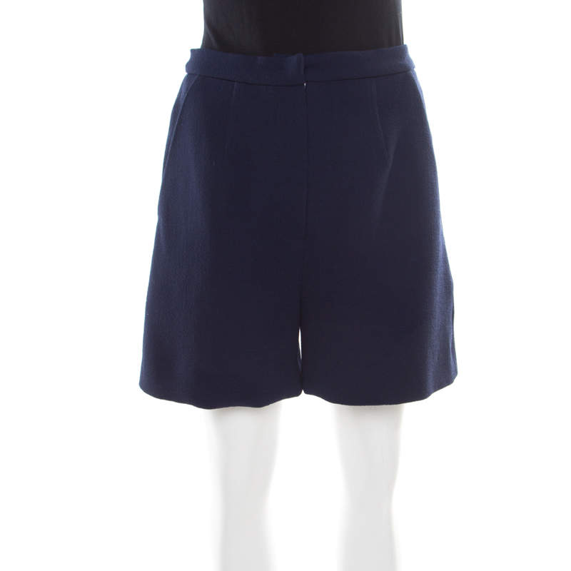 Pre Owned Roksanda Ilincic Navy Blue Wool Crepe High Waist Breton Shorts M