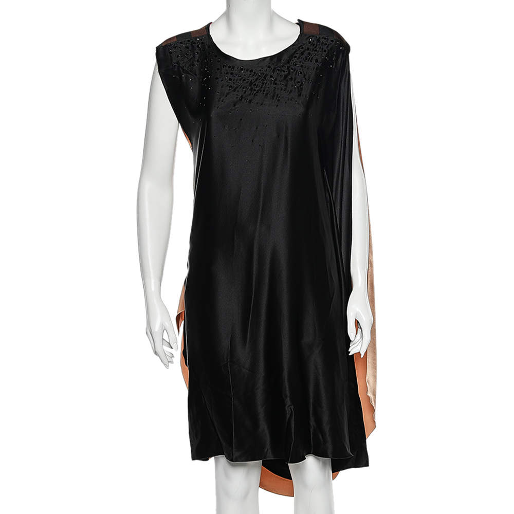 Pre Owned Roksanda Ilincic Black & Beige Silk Embellished Neck Detailed Draped Dress M