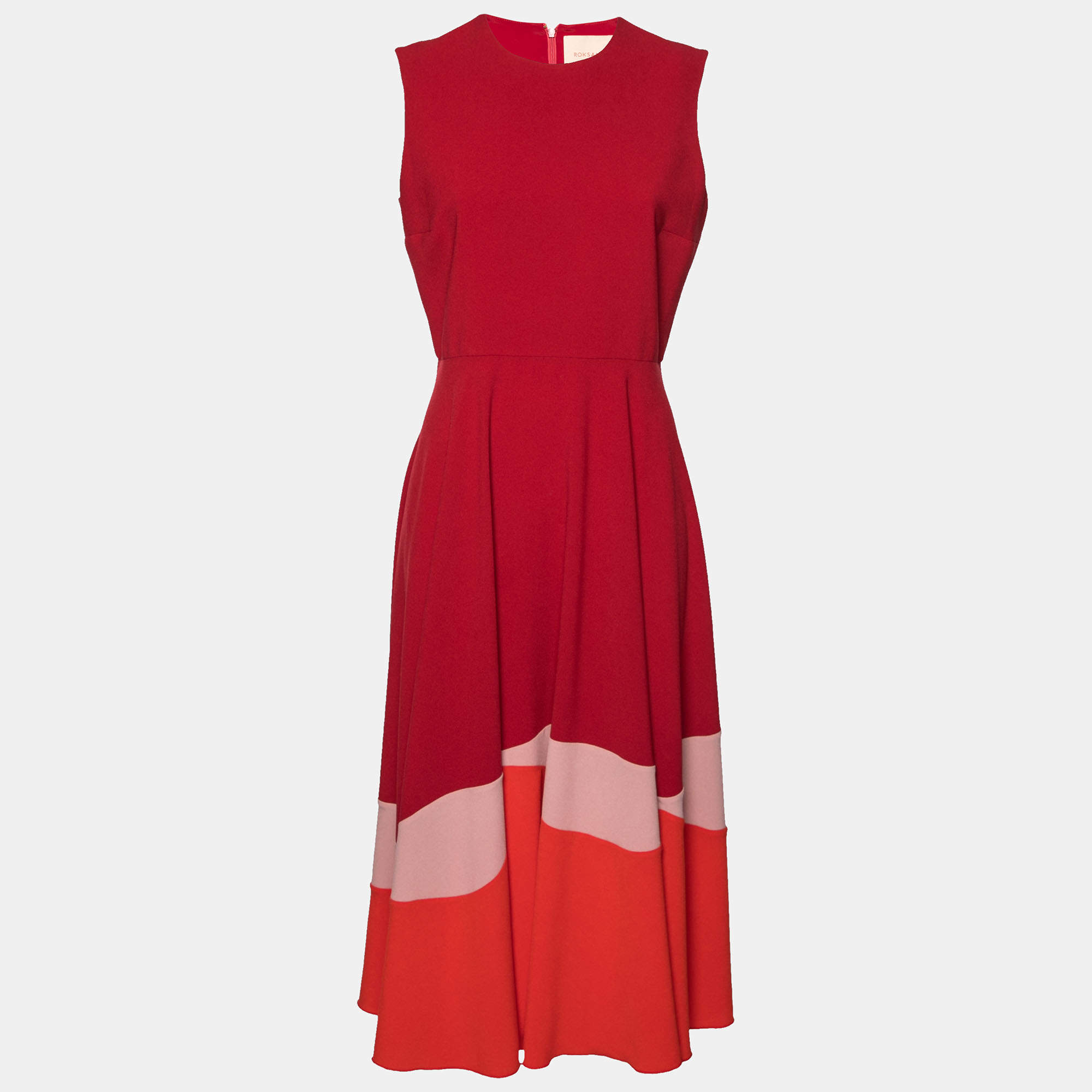 فستان  ميدي روكساندا واسع ألياف صناعية عنابي كتلة لونية مموج مقاس وسط ( ميديوم )
