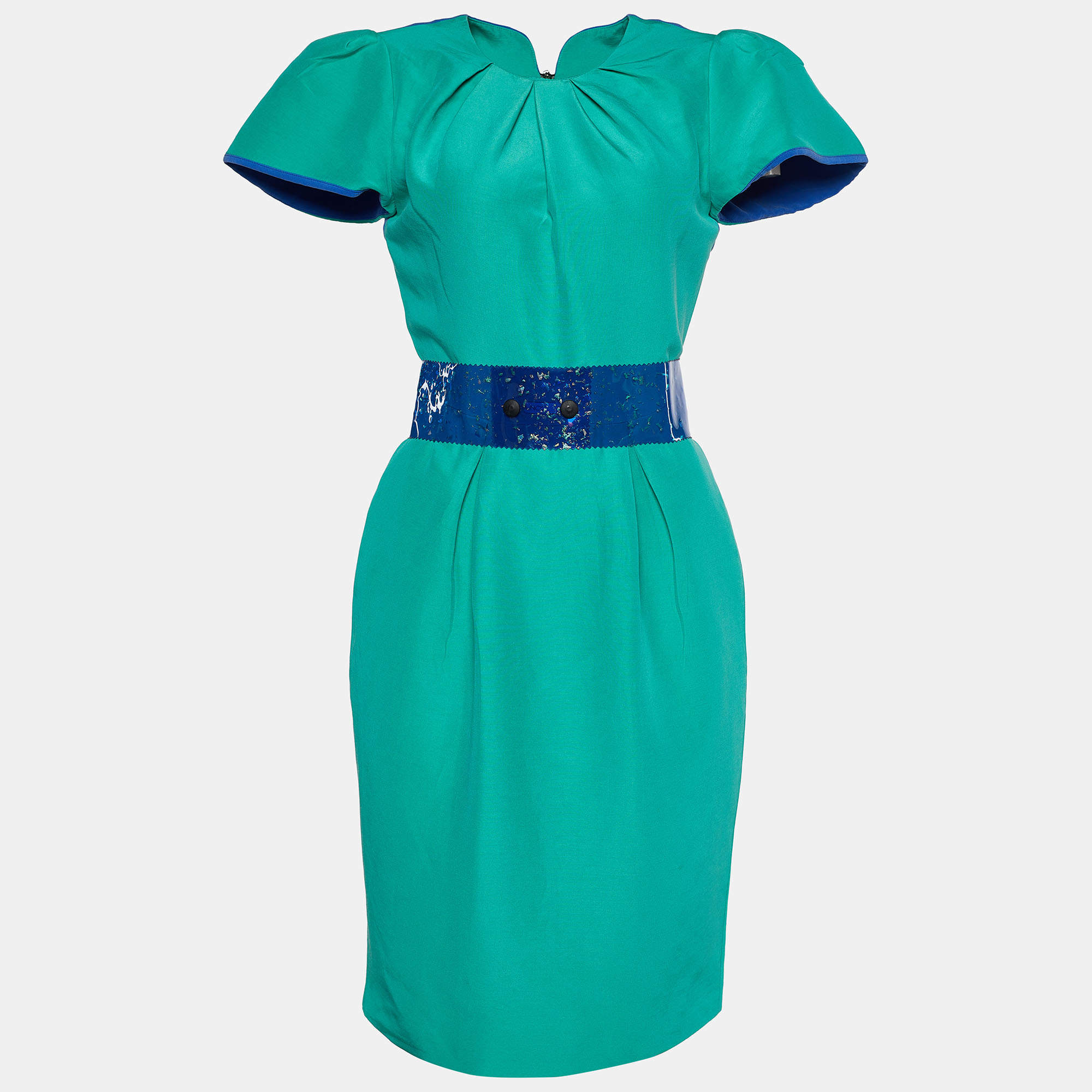 Pre Owned Roksanda Ilincic Green & Blue Silk Blend Belted Sheath Dress M