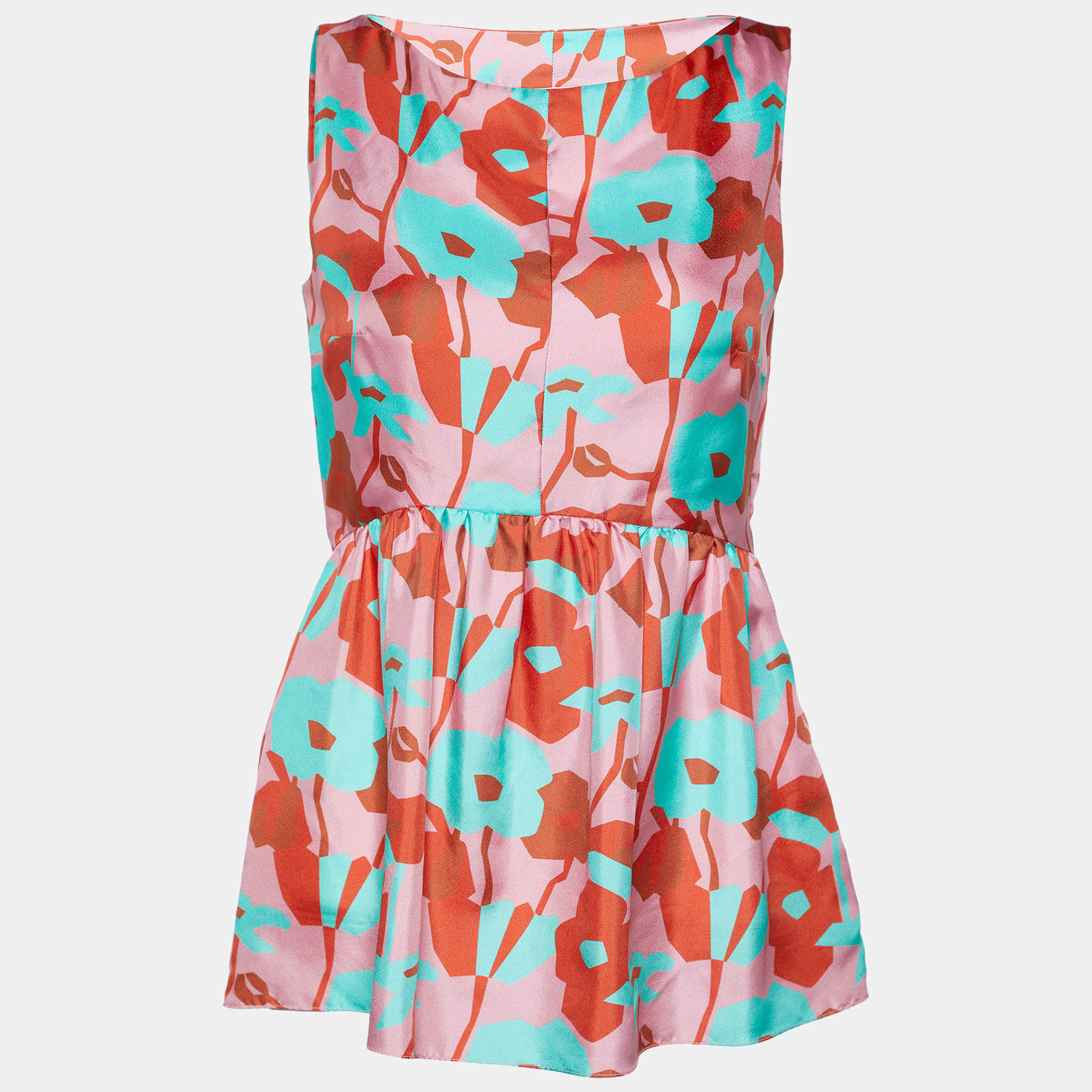 Pre Owned Roksanda Ilincic Red Floral printed Silk Sleeveless Peplum Top S