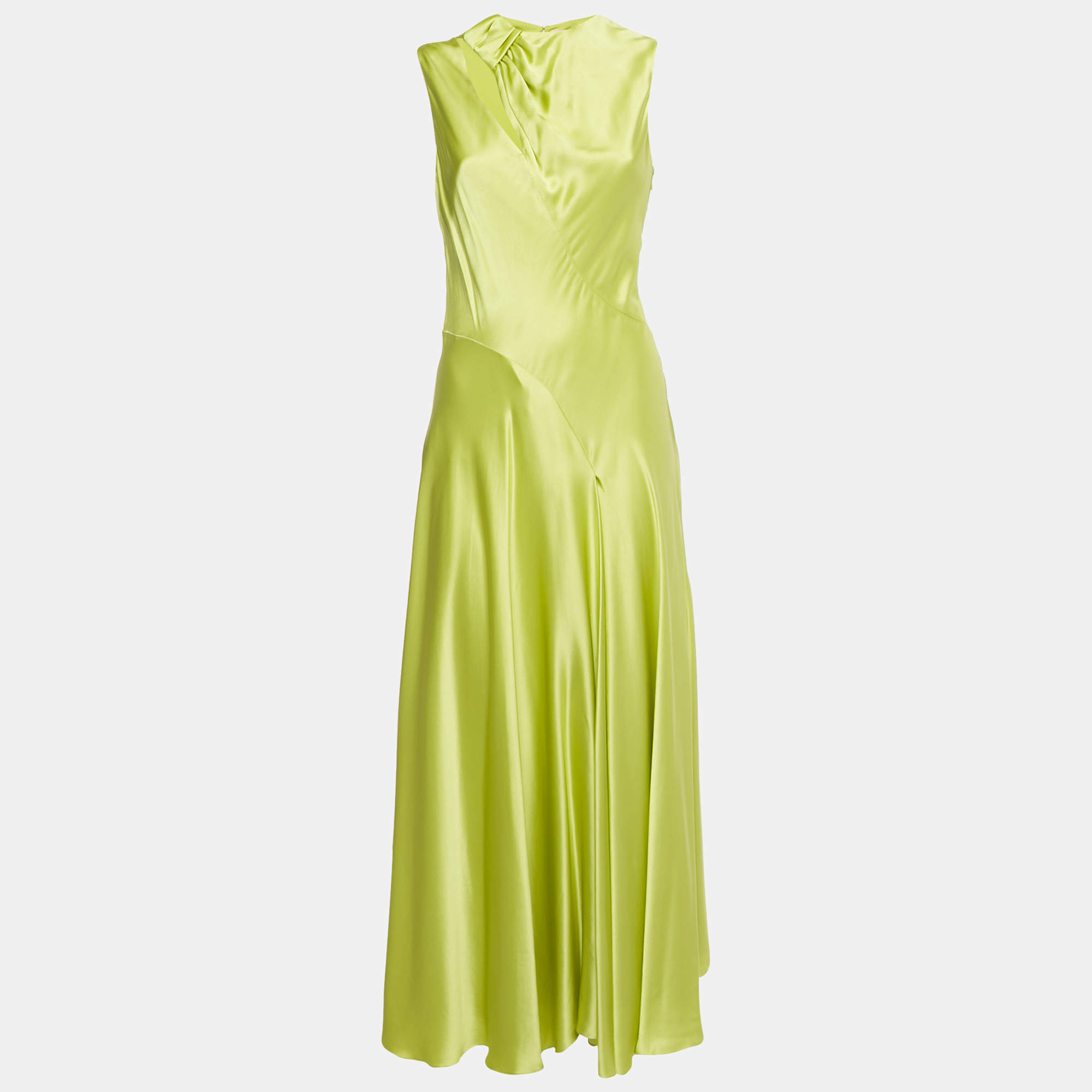 Pre Owned Roksanda Acid Green Satin Flared Maxi Dress M