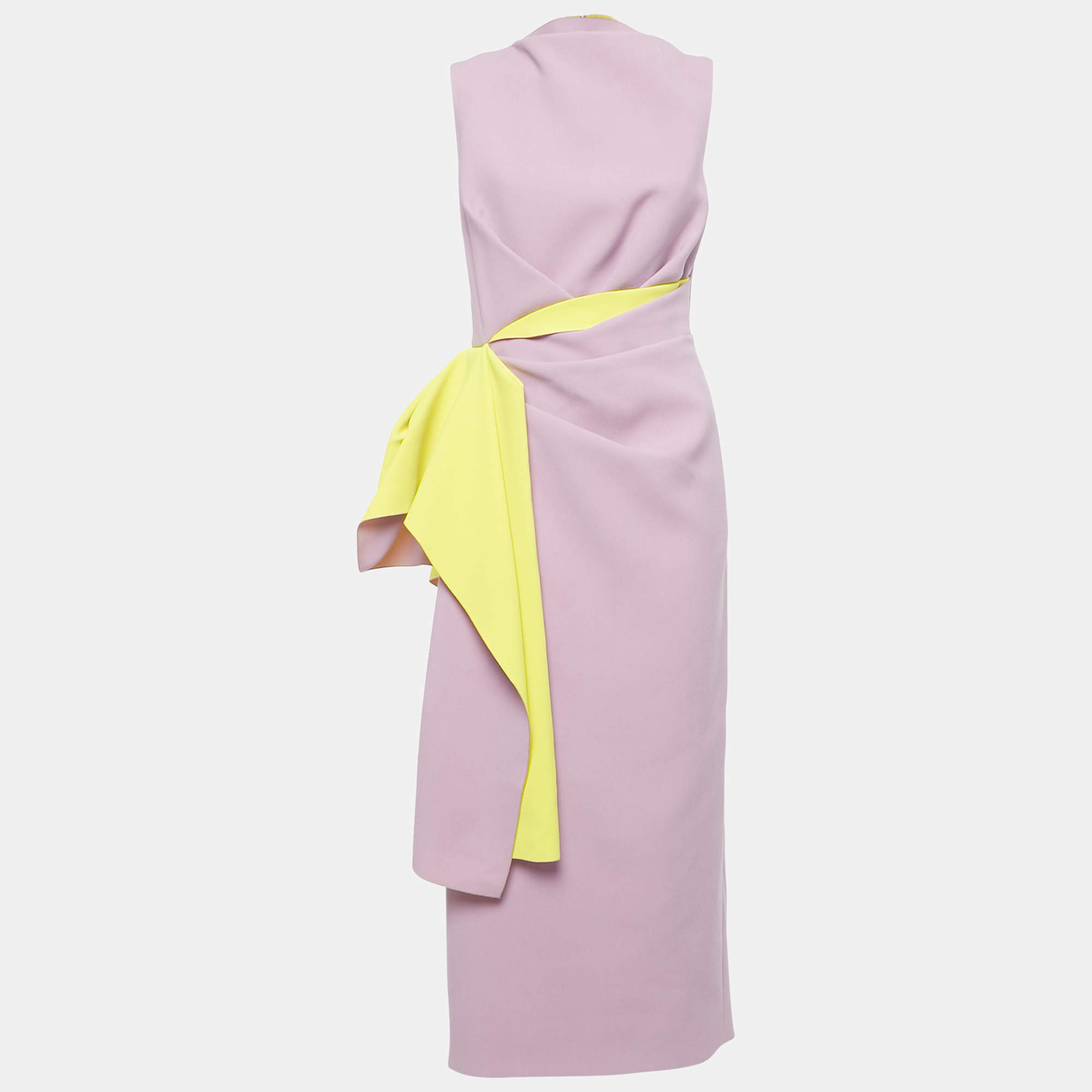 مملوكة مسبقًا فستان ميدي روكسندا كريب وردي/أصفر بنمط انسيابي مقاس متوسط - ميديم