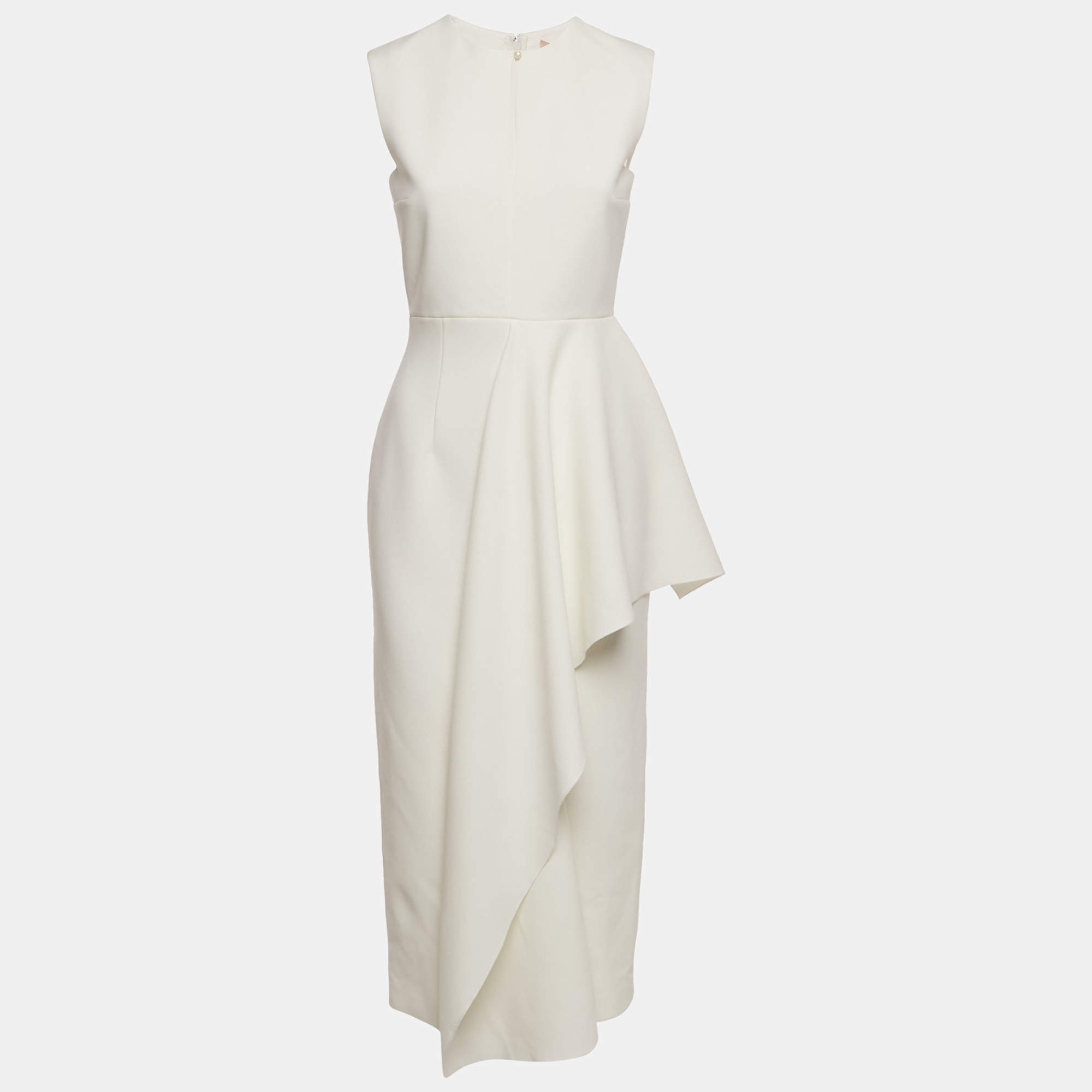 Pre Owned فستان ميدي روكساندا كريب أبيض بكشاكش مقاس صغير - سمول