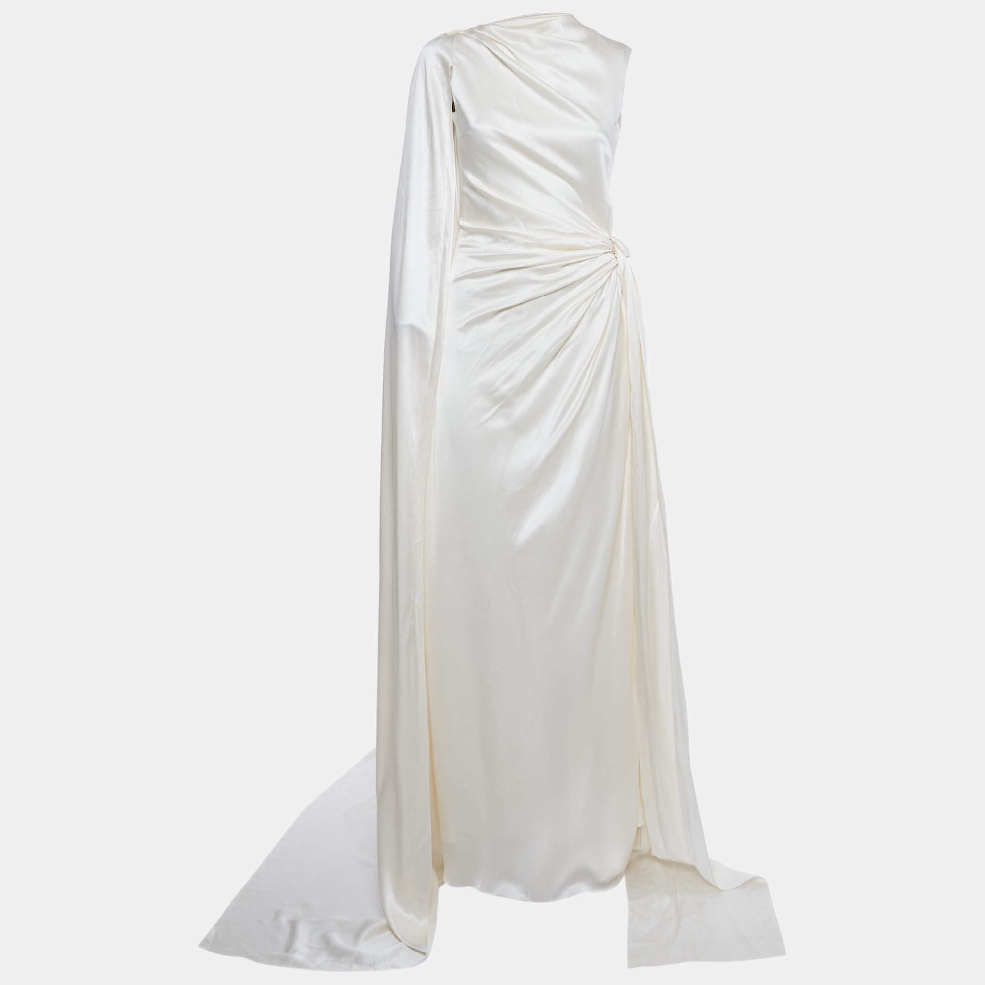 Pre Owned فستان طويل روكساندا ساتان عاجي بنمط انسيابي مفتوح من الخلف مقاس صغير - سمول