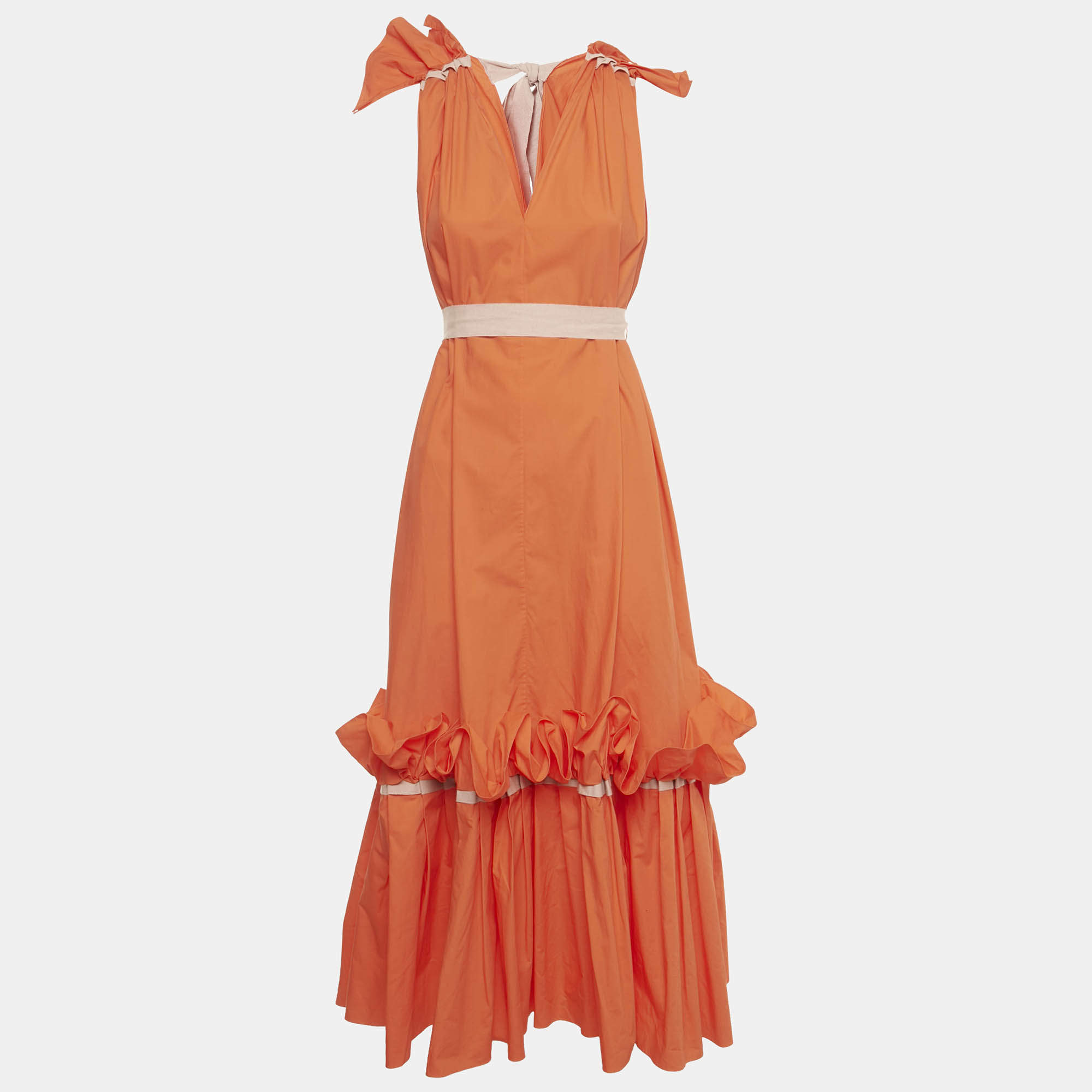 Pre Owned Roksanda Orange Poplin Gathered Flounce Maxi Dress S