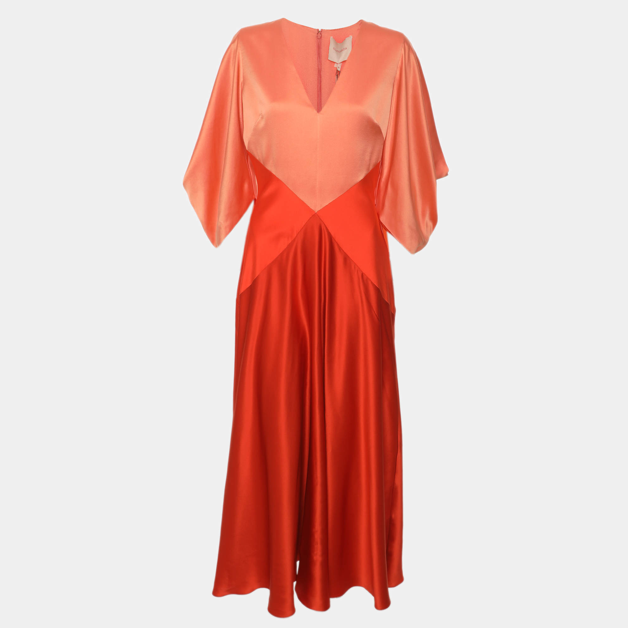 Pre Owned Roksanda Two Tone Orange Satin Draped Sleeve Paneled Midi Dress L