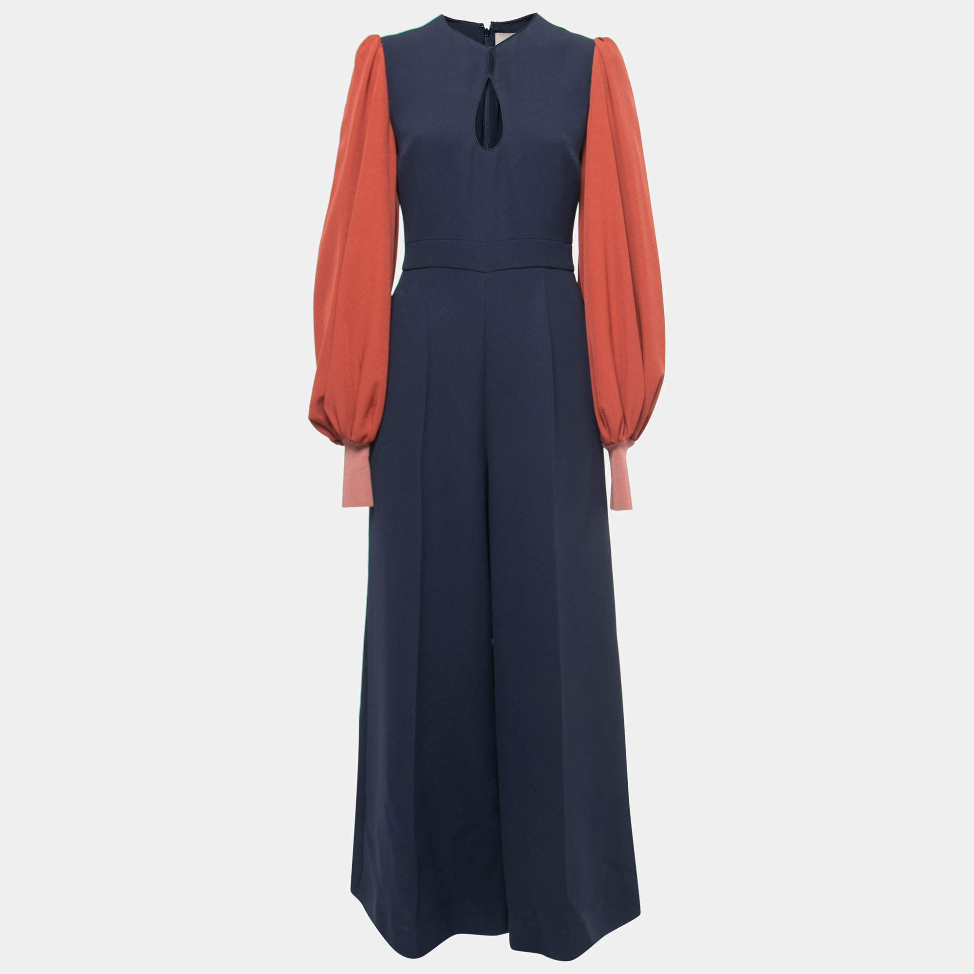 Roksanda Navy Blue Crepe Contrast Balloon Sleeve Wide Leg Jumpsuit M