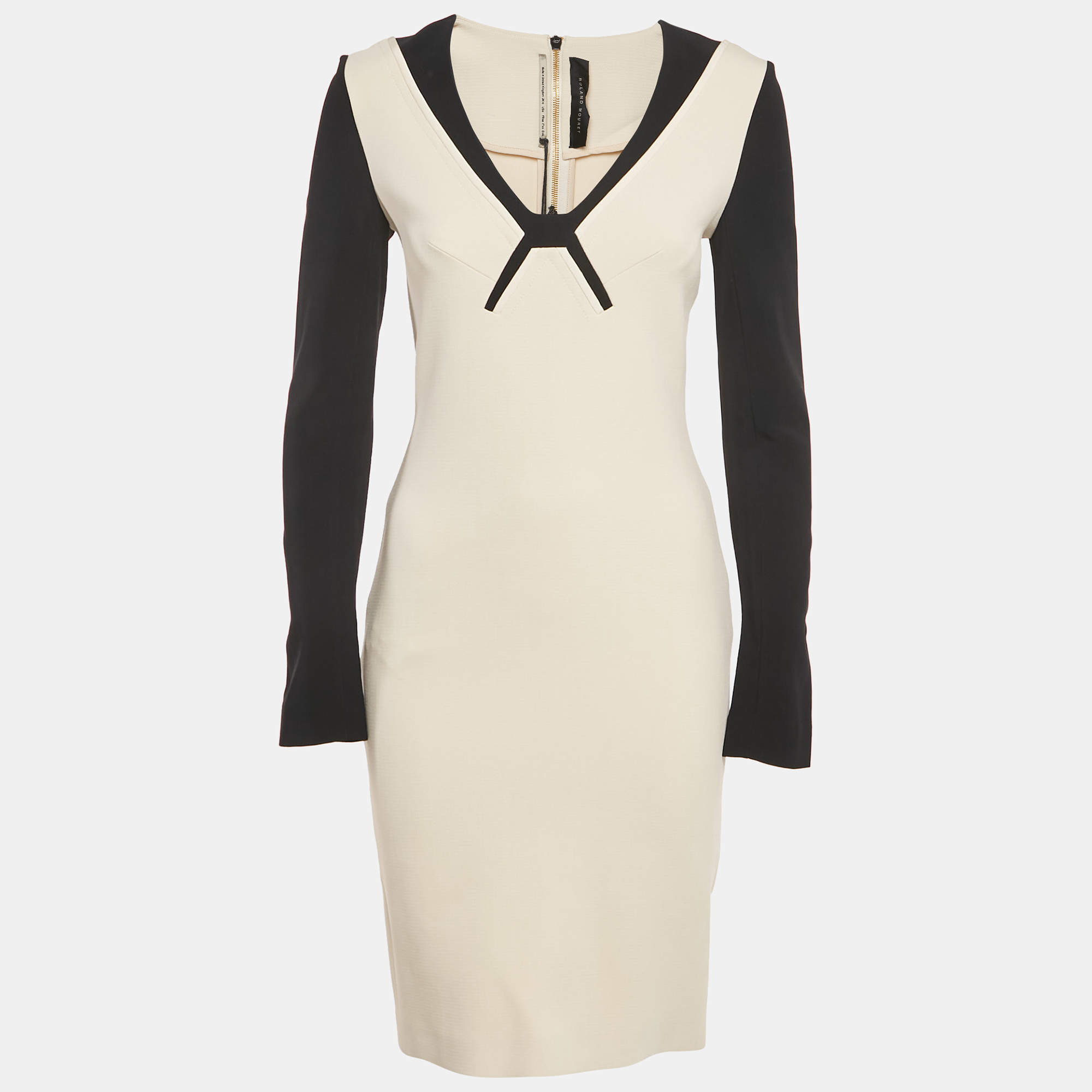 Pre Owned Roland Mouret Cream Stretch Crepe Knee-Length Dress M