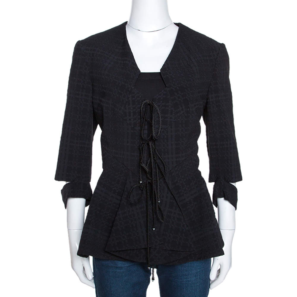 Roland Mouret Black Puckered Check Wool Blend Hanover Jacket L