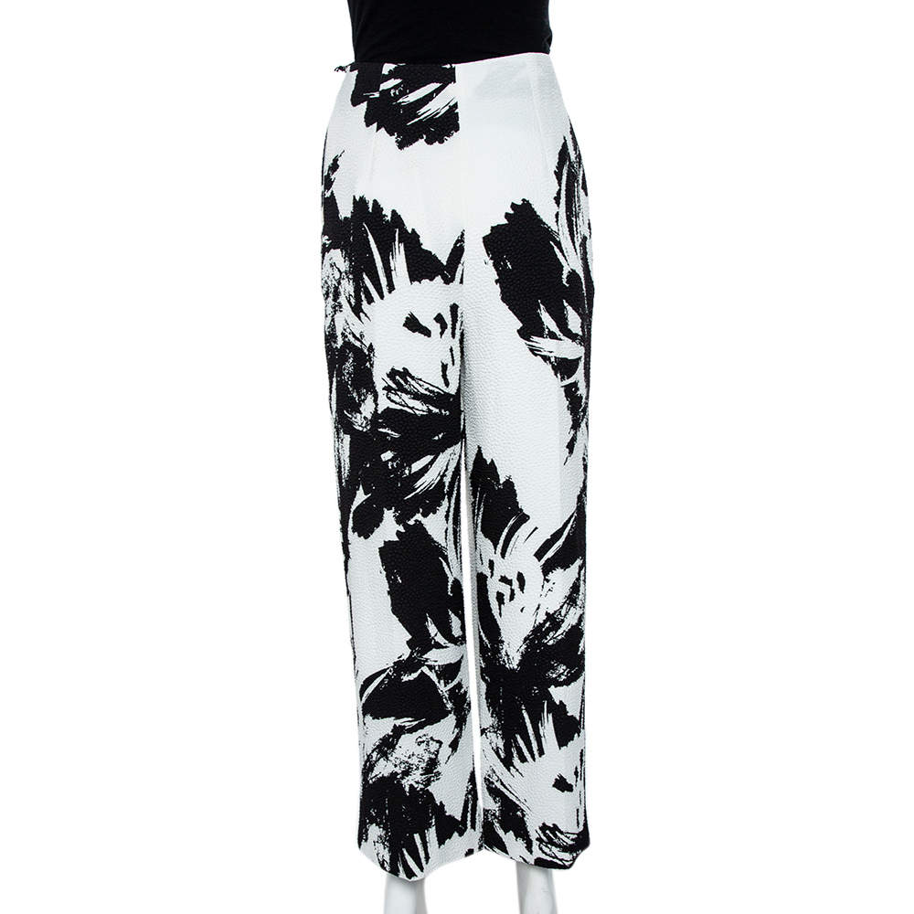 Pre Owned Roland Mouret Monochrome Printed Cloque Pleated Wide Leg Meltham Pants M