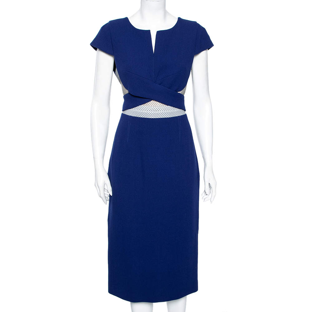 Pre Owned Roland Mouret Royal Blue Wool Crepe Honeycomb Mesh Trim Kitero Dress L