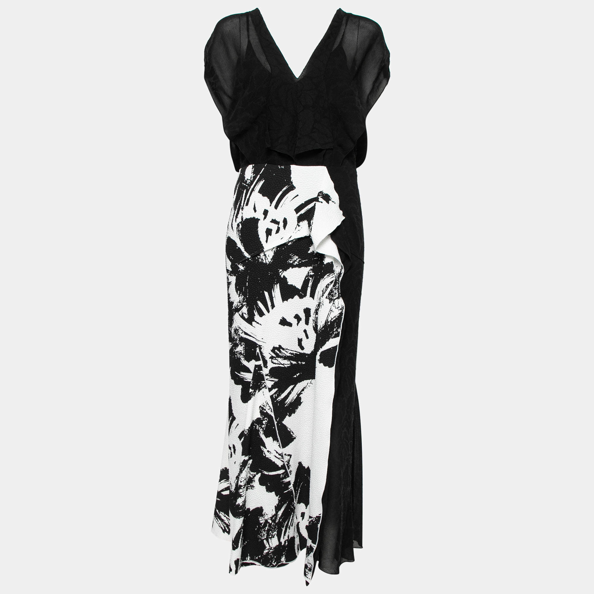 Pre Owned Roland Mouret Monochrome Floral Jacquard Crepe Draped Dress M