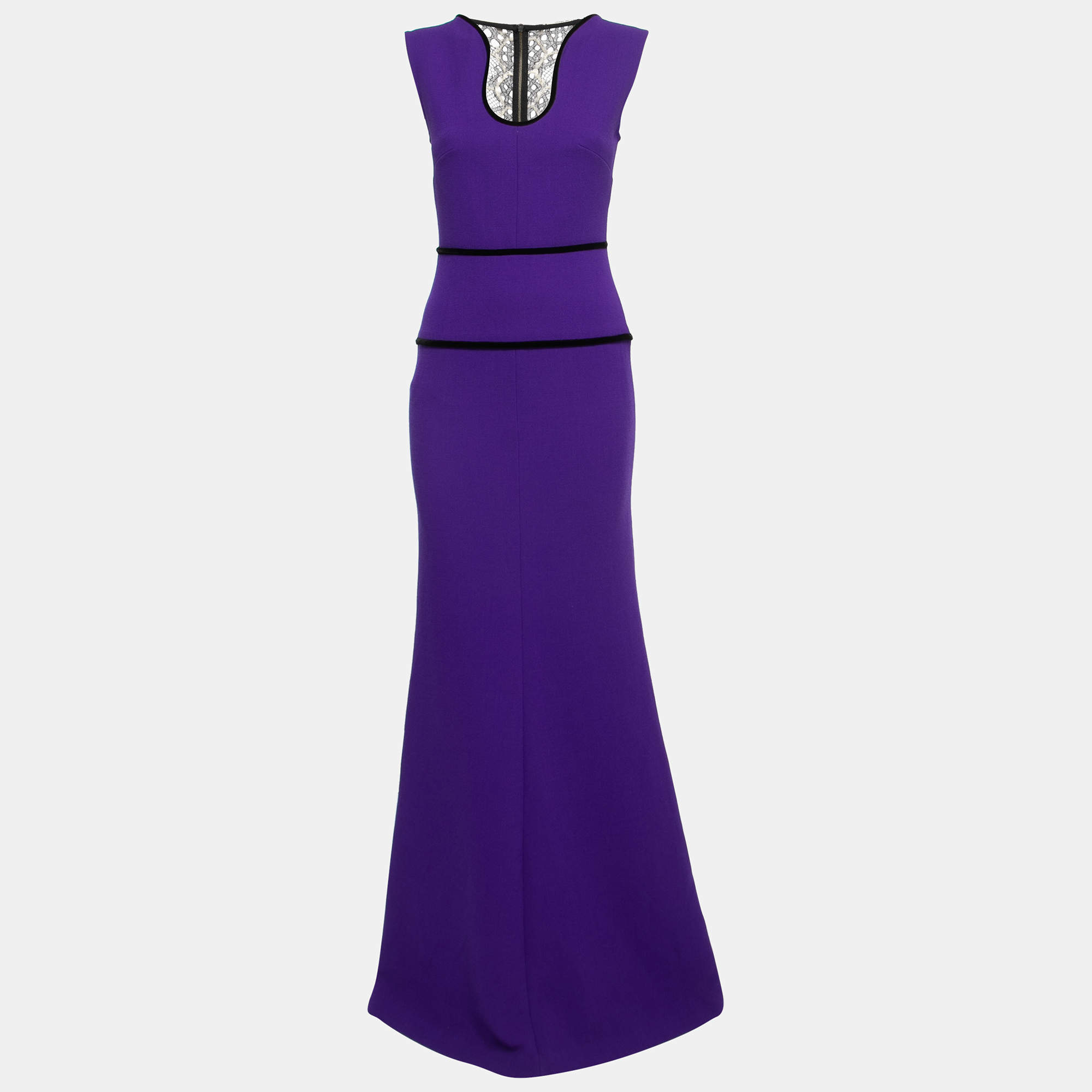 Pre Owned Roland Mouret Purple Crepe & Lace Deep Neck Dalmon Gown S