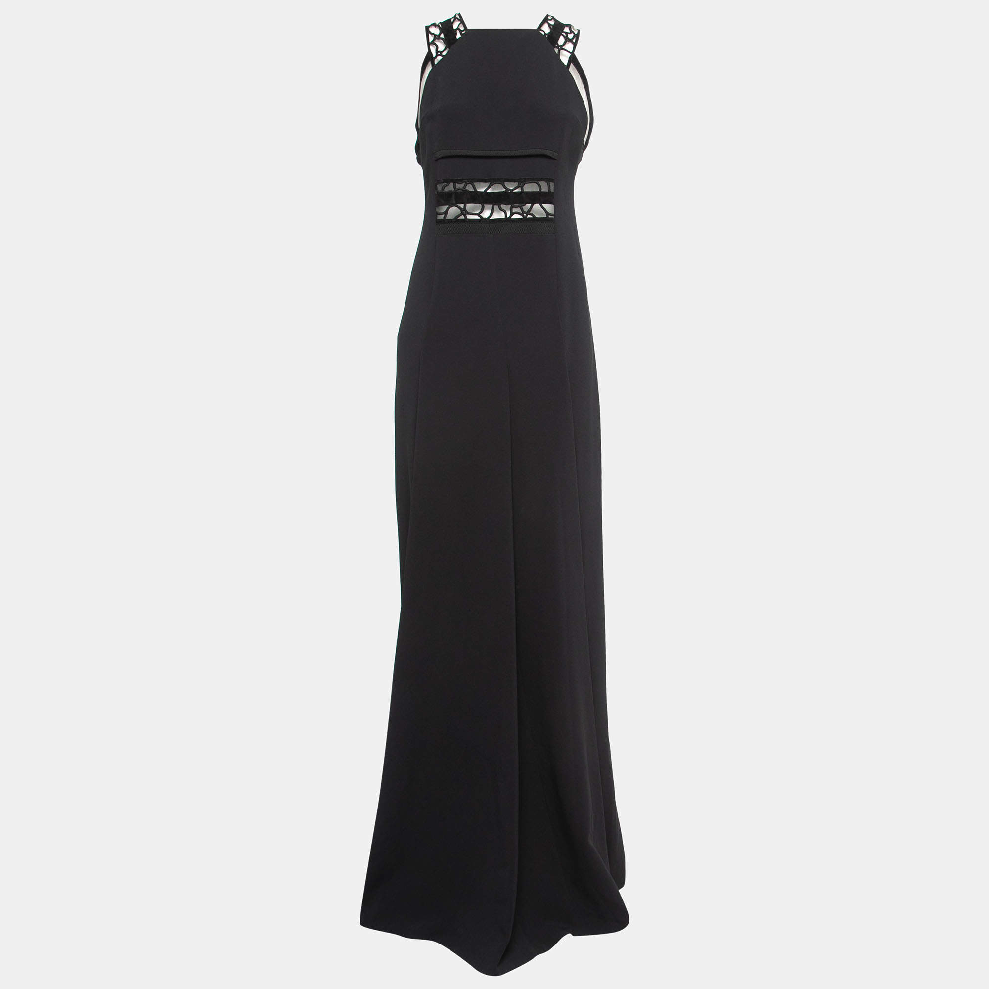 Pre Owned Roland Mouret Black Crepe Lace Embellished Strap Gown L