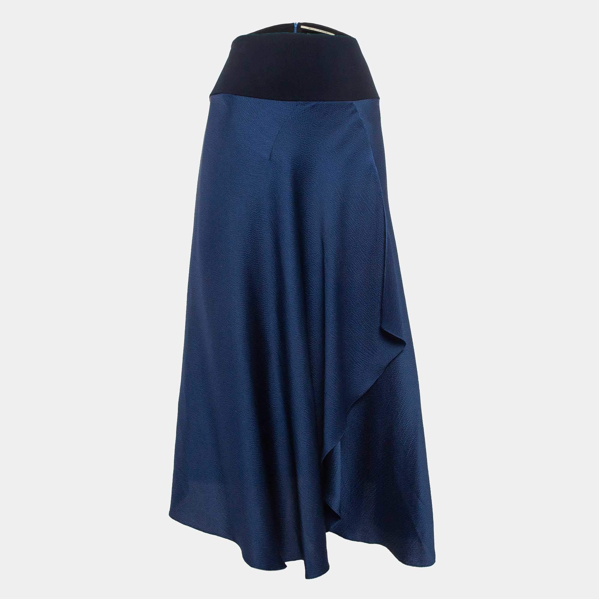 Pre Owned Roland Mouret Navy Blue Draped Silk Midi Skirt L