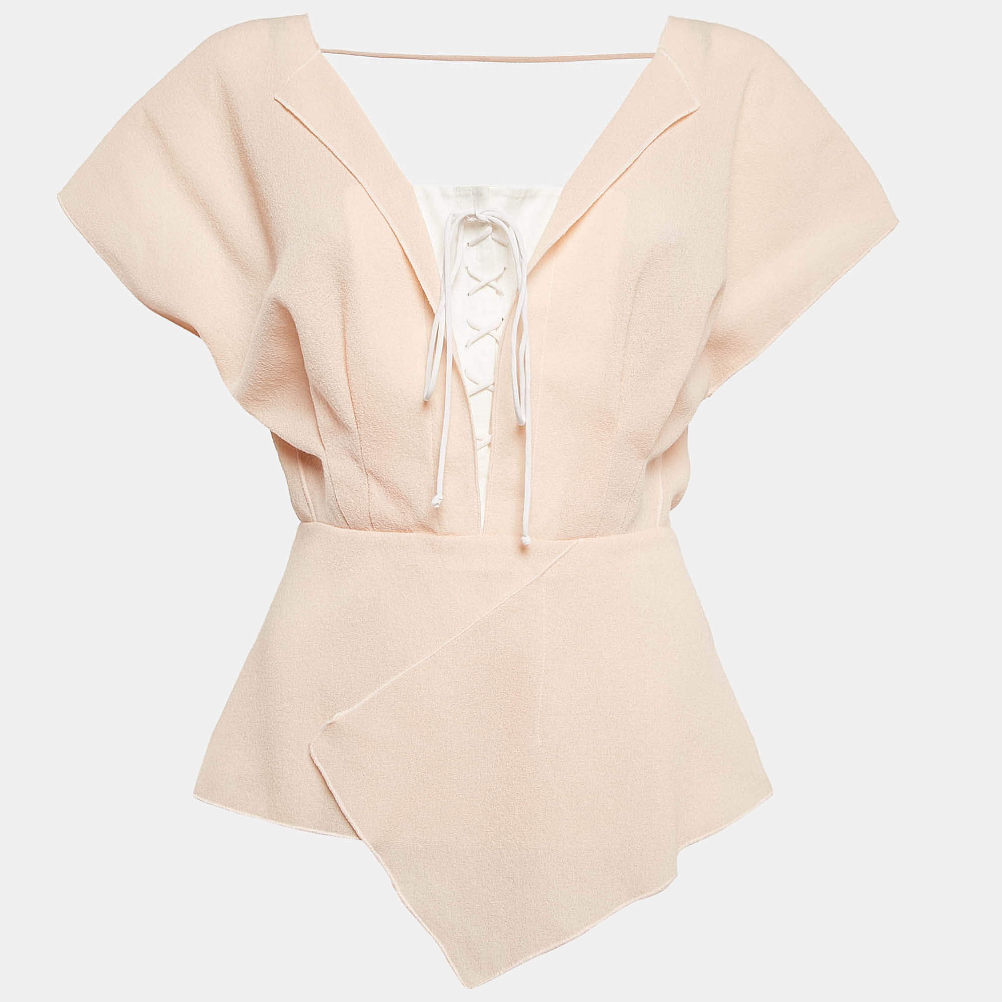 Roland Mouret Pink Wool Crepe Lace-Up Pleated Top S