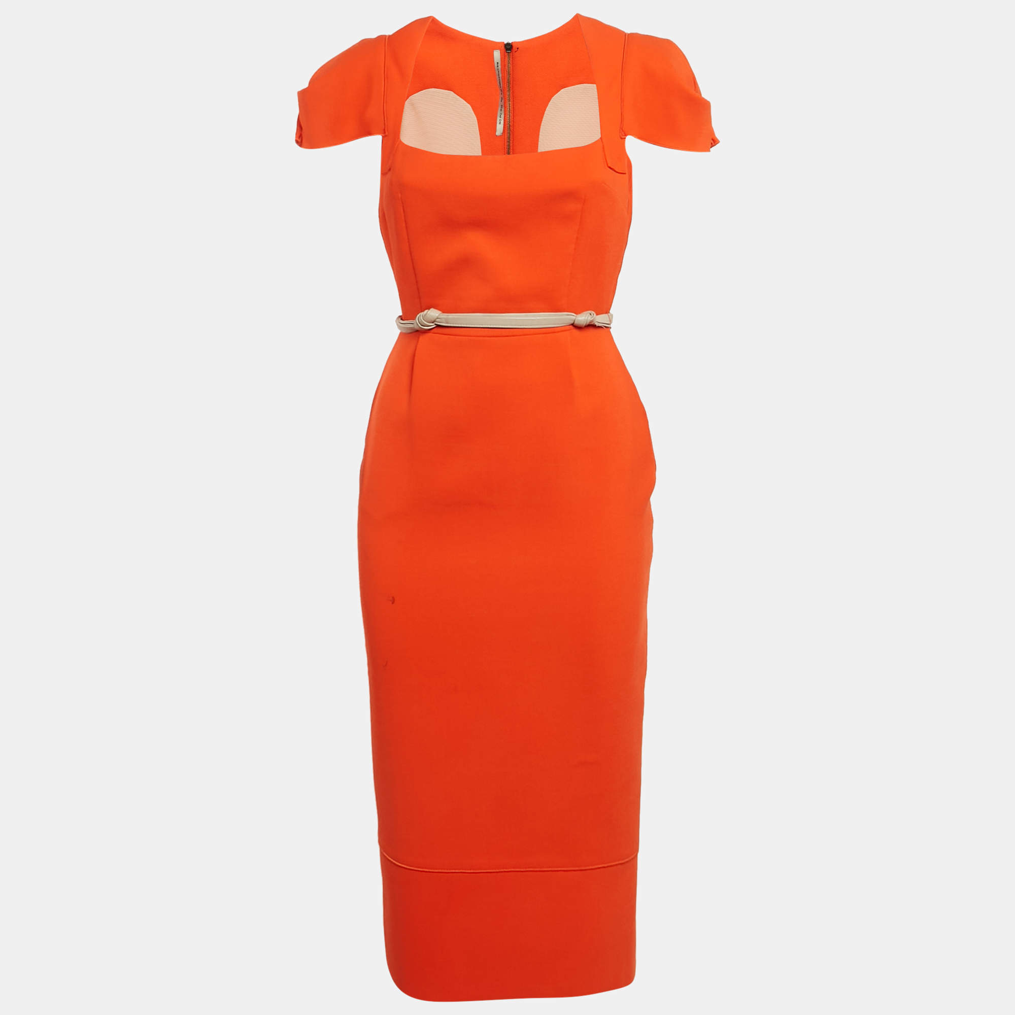 Pre Owned Roland Mouret Orange Crepe Wool Belted Sheath Dress M