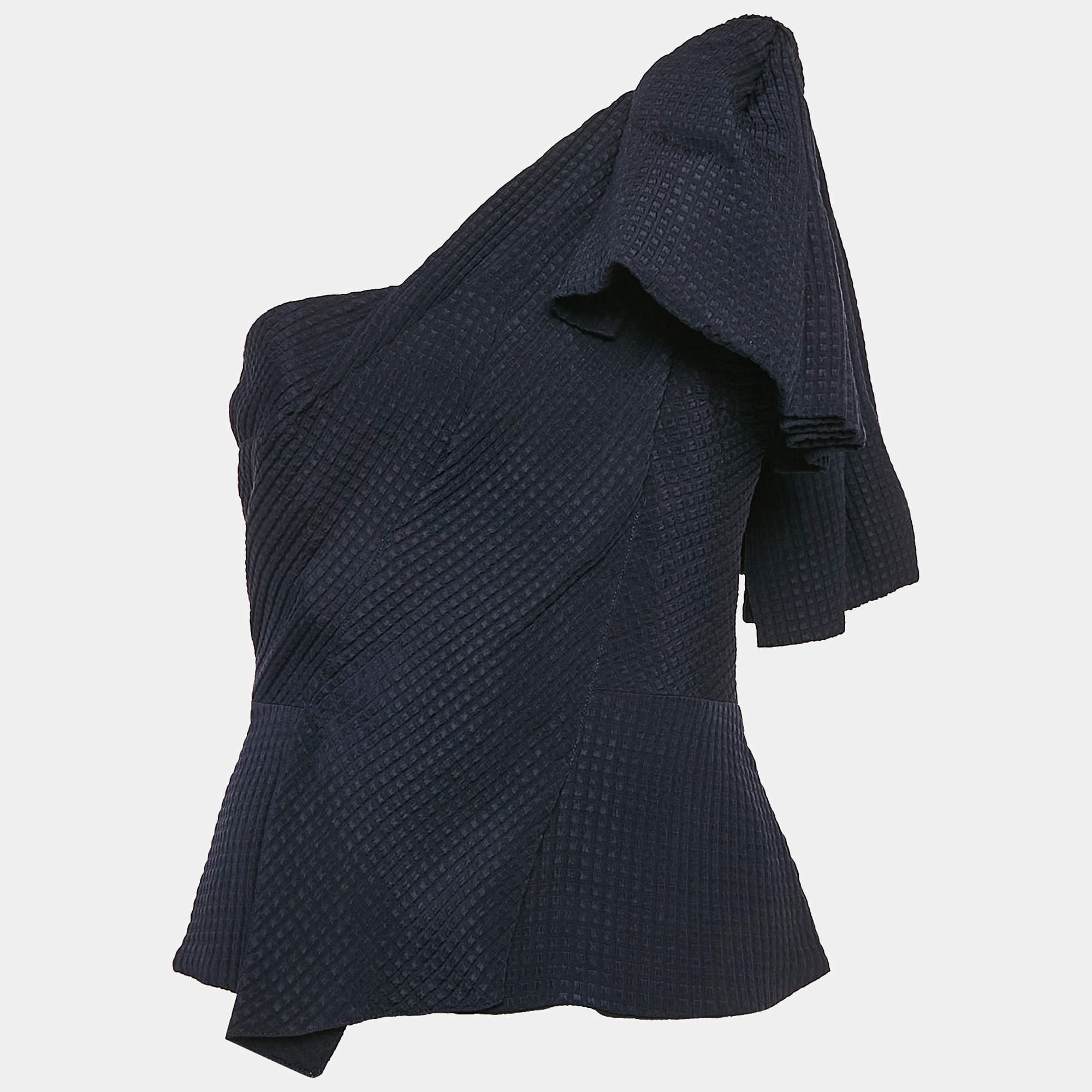 Pre Owned Roland Mouret Navy Blue Textured Silk Bow Detail One-Shoulder Top M