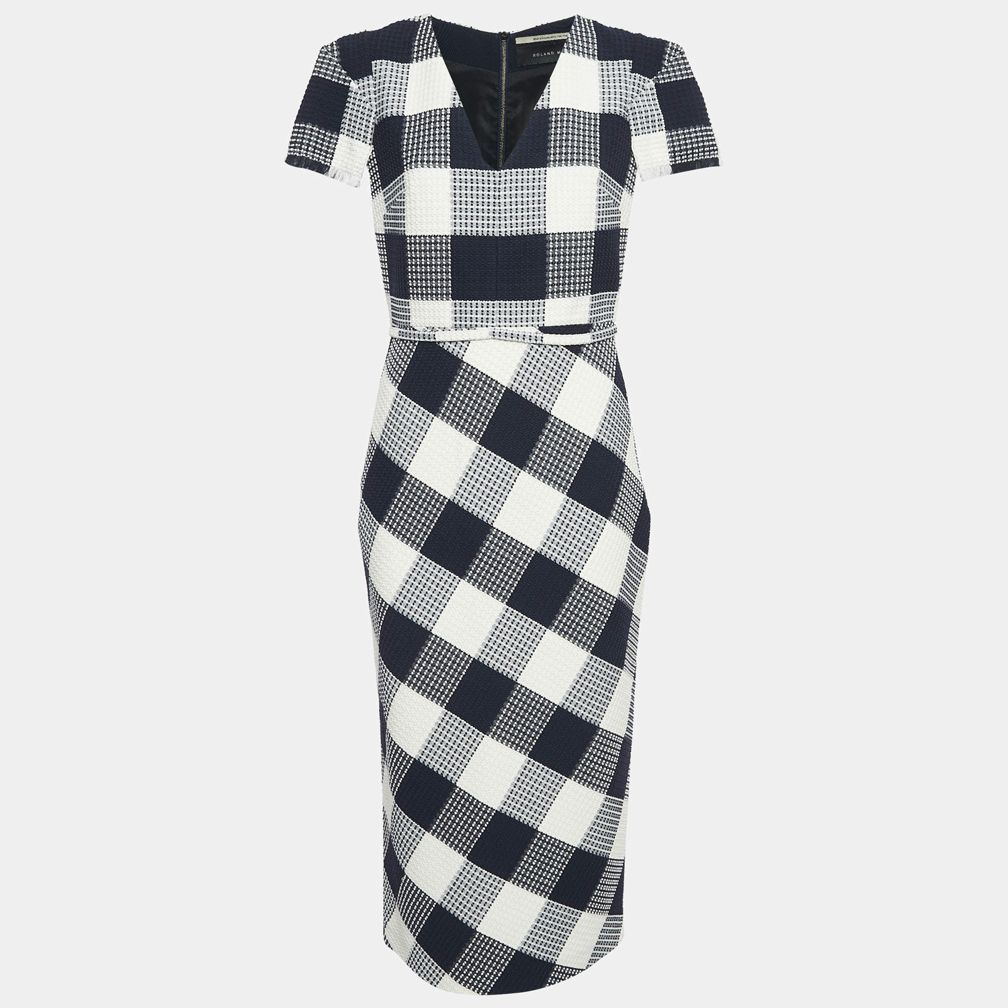 Roland Mouret Blue Chaney Checks Cotton Midi Dress M