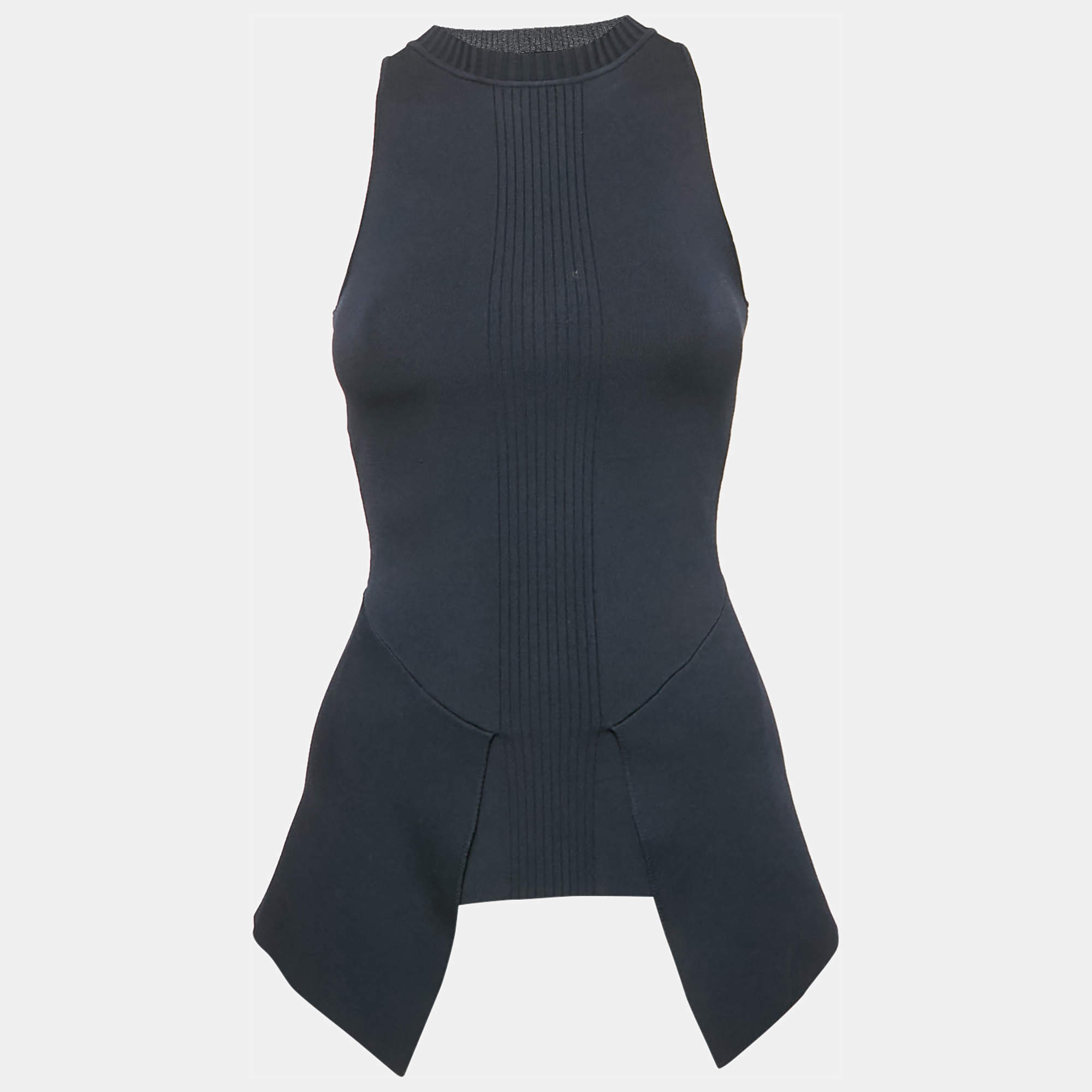 Roland Mouret Navy Blue Rib Knit Asymmetric Top XS