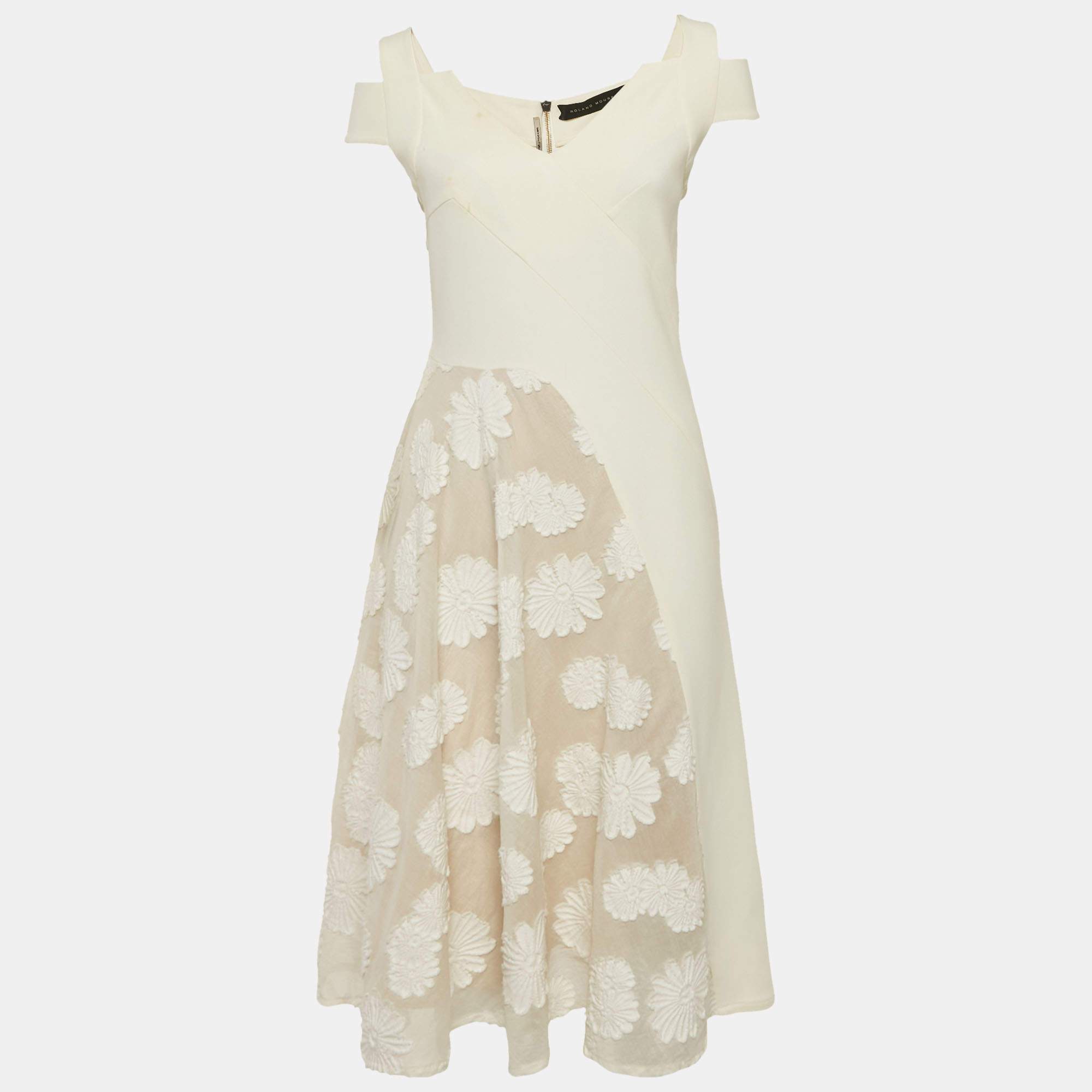 Pre Owned Roland Mouret Off White Cotton & Crepe Stretch Floral Applique Midi Dress M 