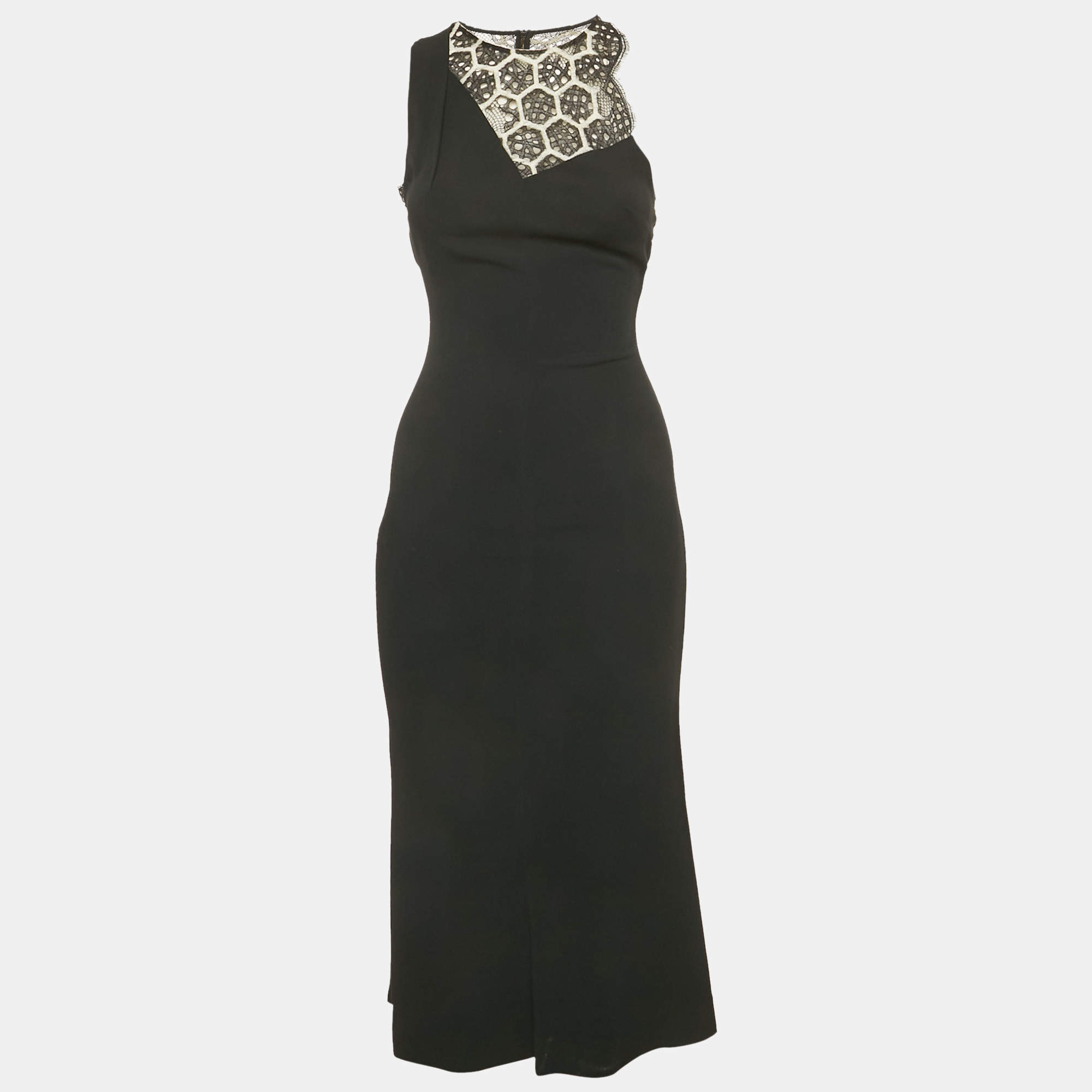 Pre Owned Roland Mouret Black Crepe Lace Detail Sleeveless Midi Dress S