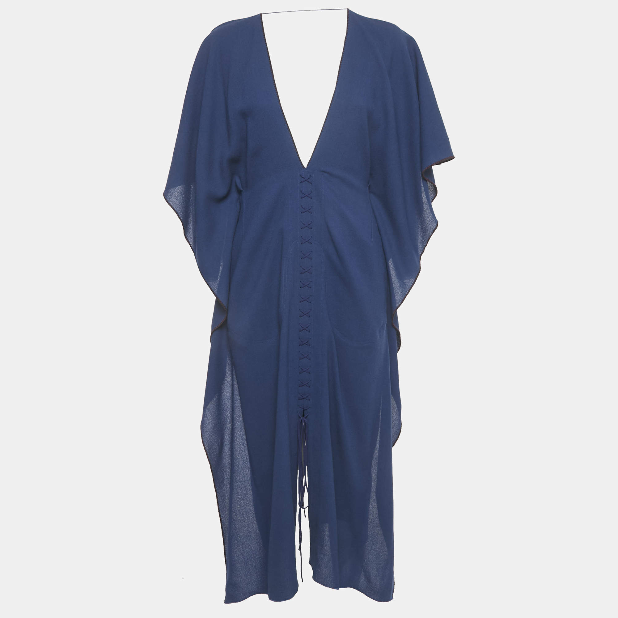 Pre Owned Roland Mouret Blue Wool Lace-Up Detail Midi Kaftan Dress M