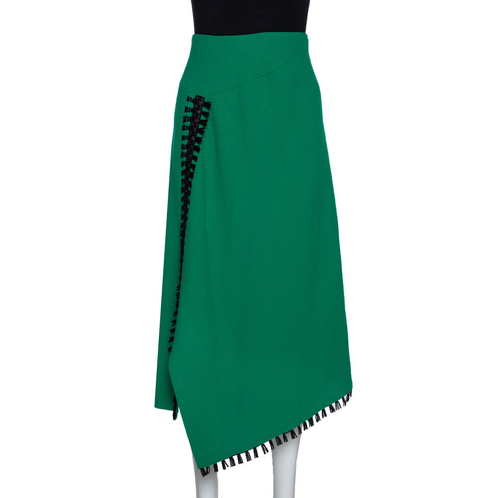 Pre Owned Roland Mouret Green Wool Crepe Fringed Asymmetric Skirt M