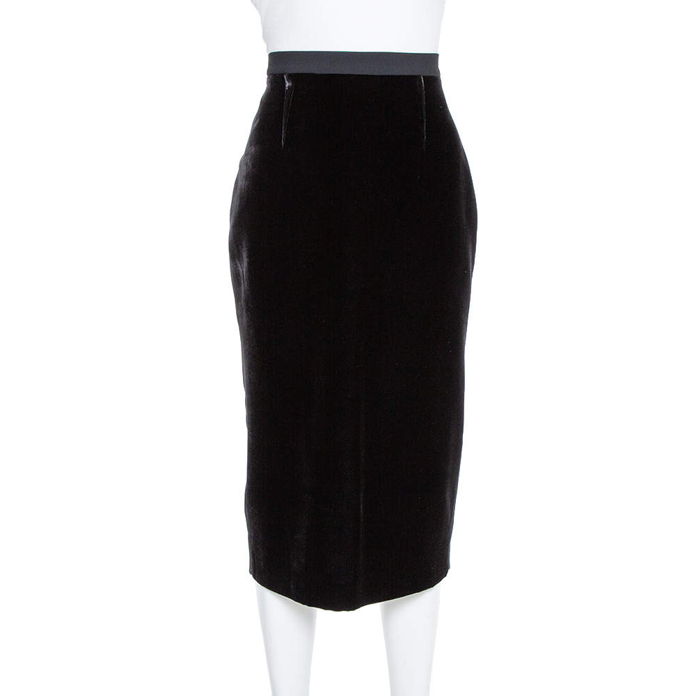 Pre Owned Roland Mouret Black Velvet & Crepe Paneled Pencil Skirt M